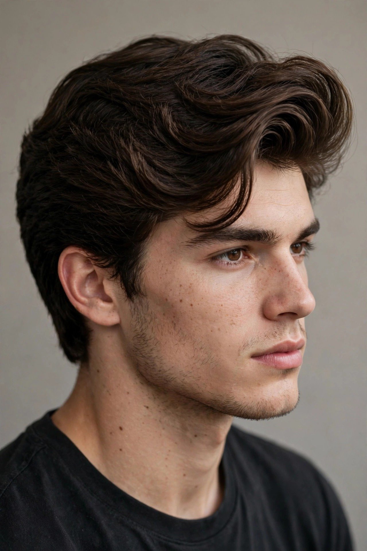 Thick hair side part haircut men, classic part with dense voluminous sweep
