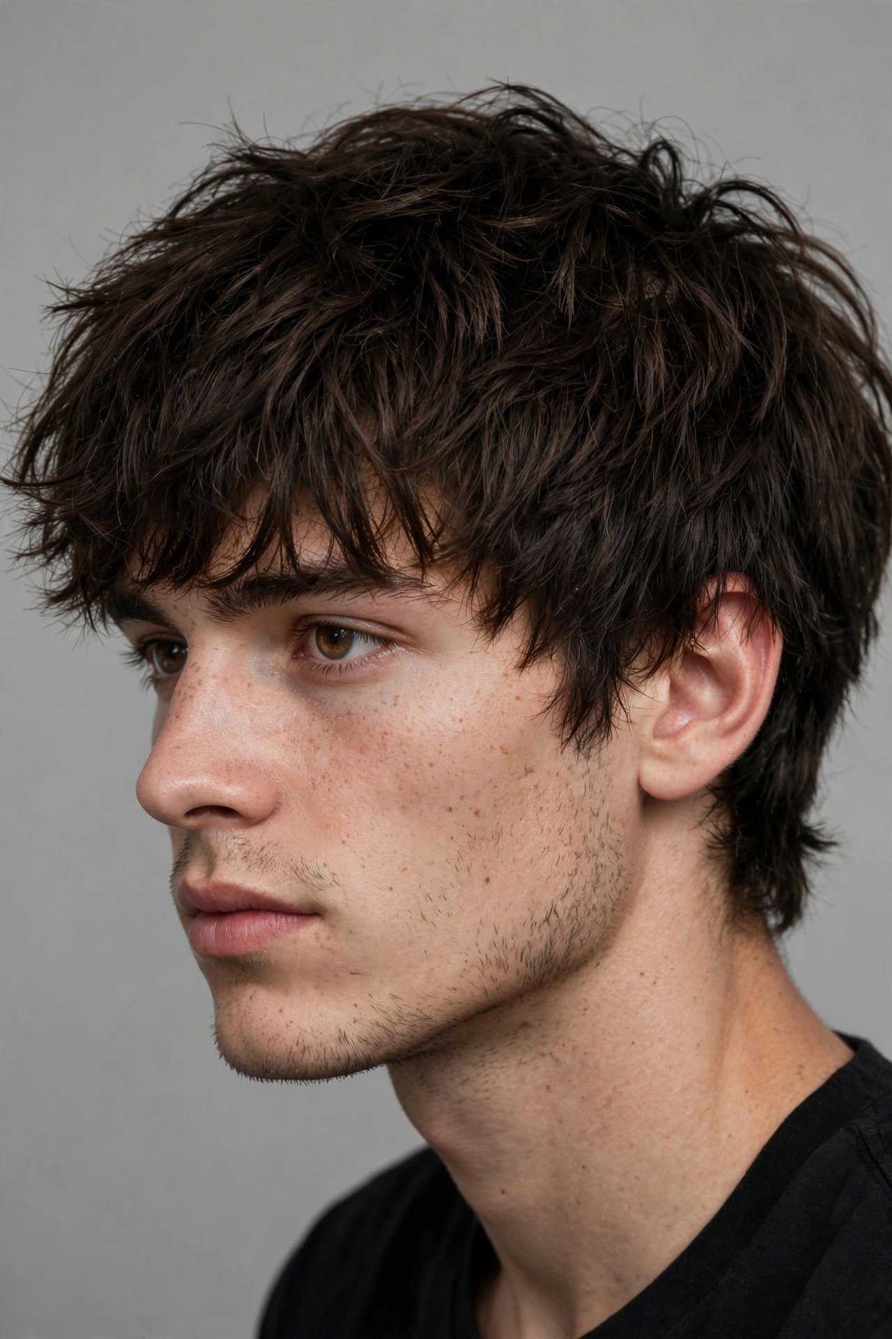 Thick messy fringe haircut men, dense textured fringe with piece-y separation