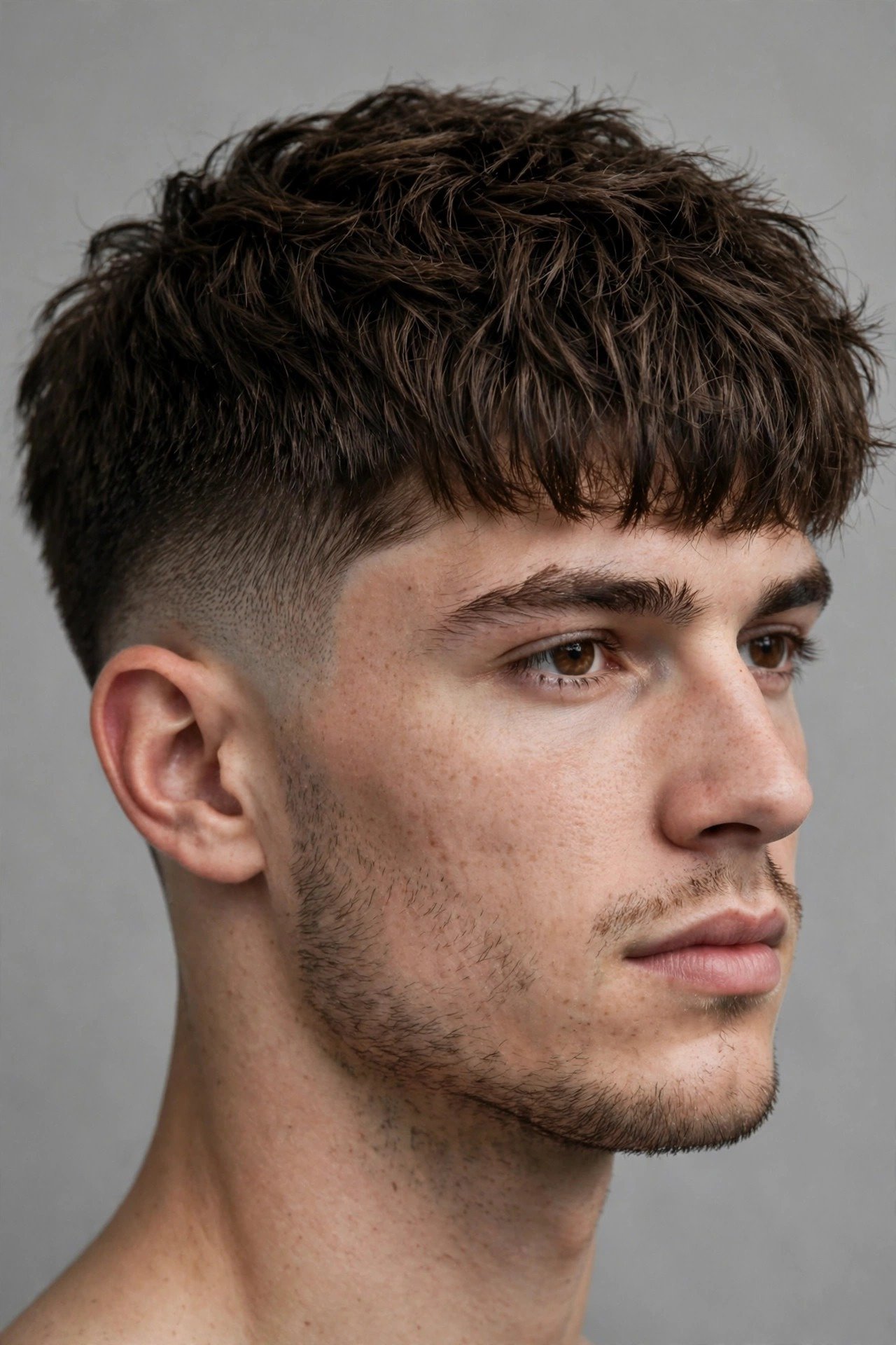 Thick hair french crop men, short dense textured top with forward fringe