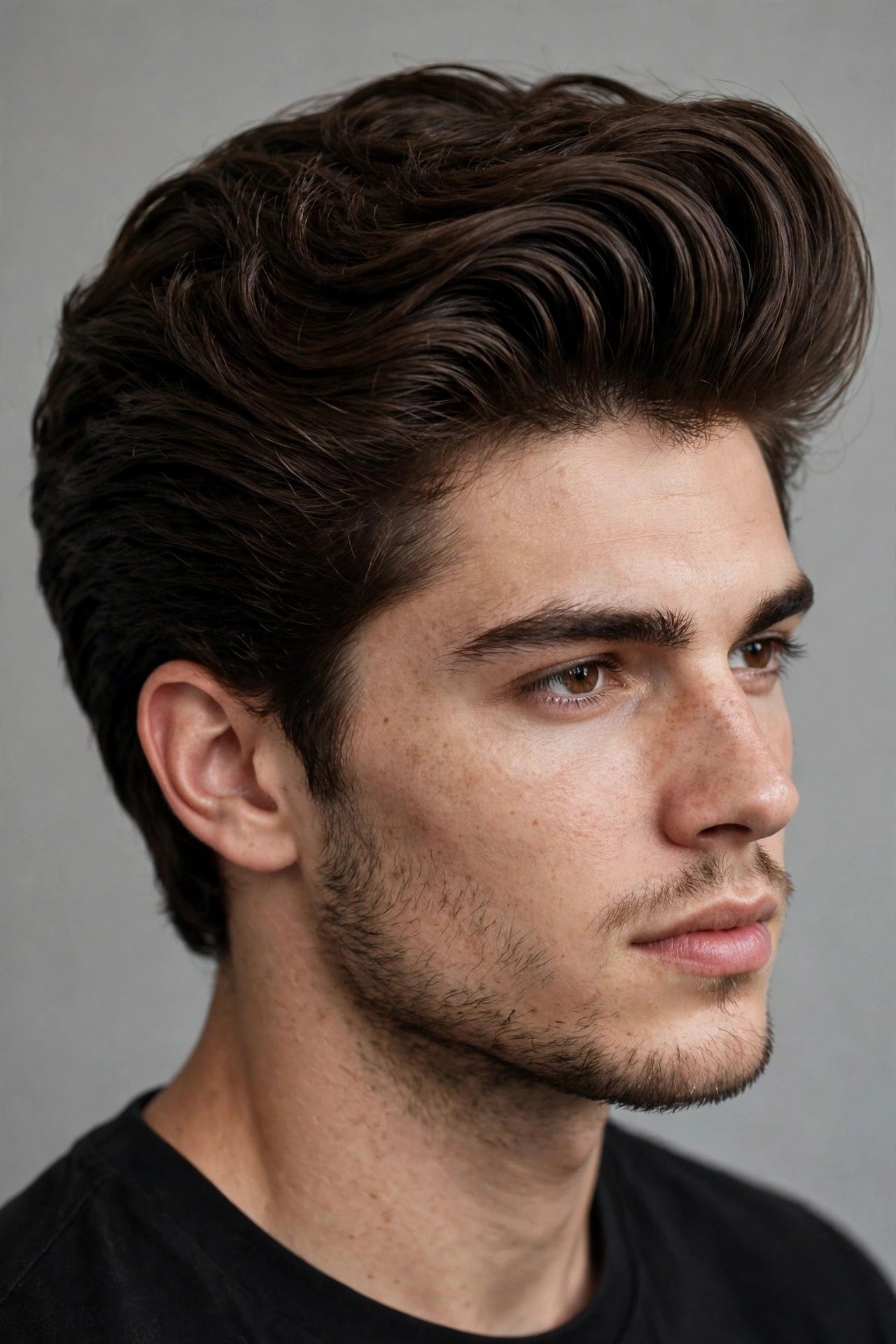Thick hair slick back men, dense hair swept back with controlled volume