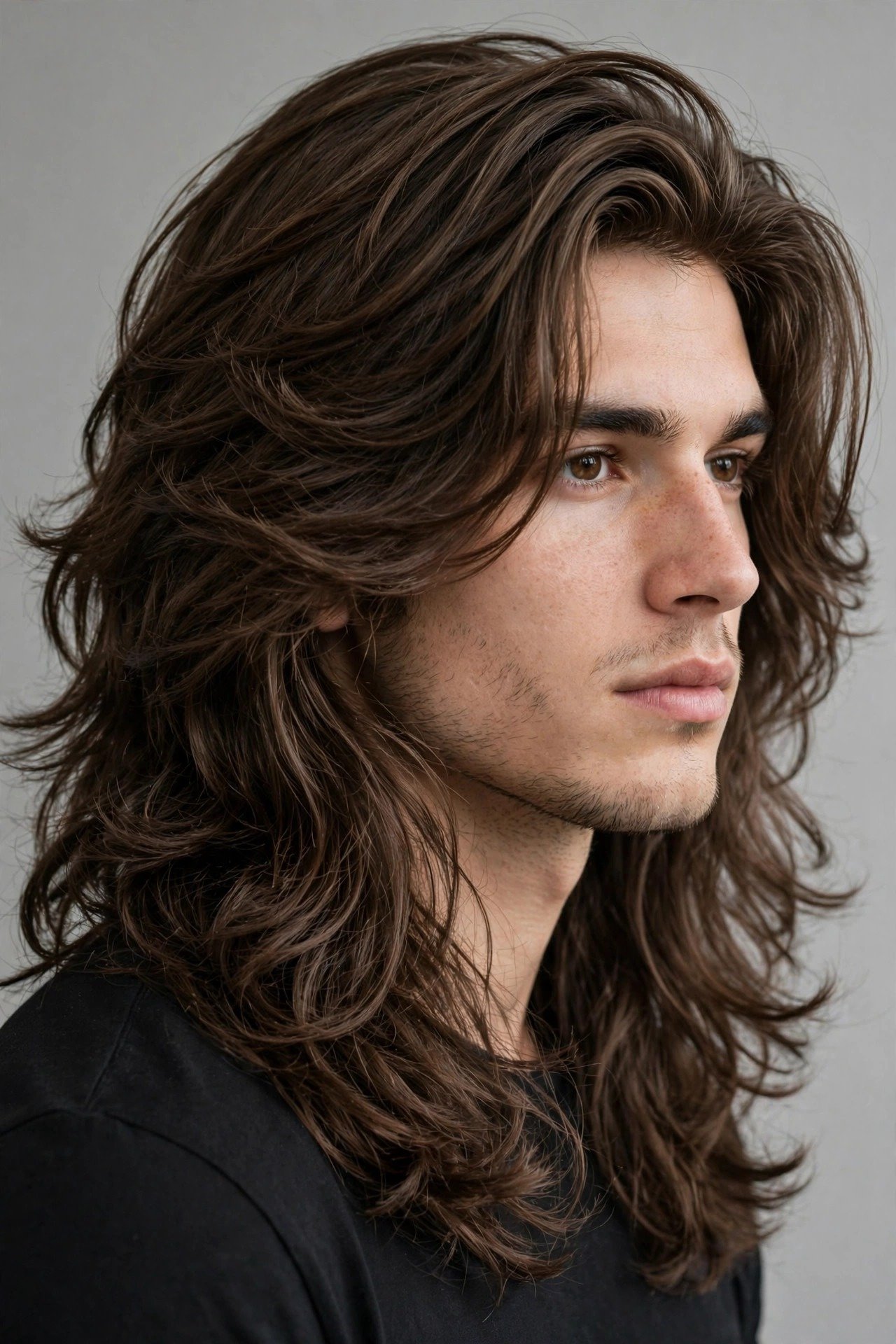 Thick long layered haircut men, flowing dense layers with natural weight