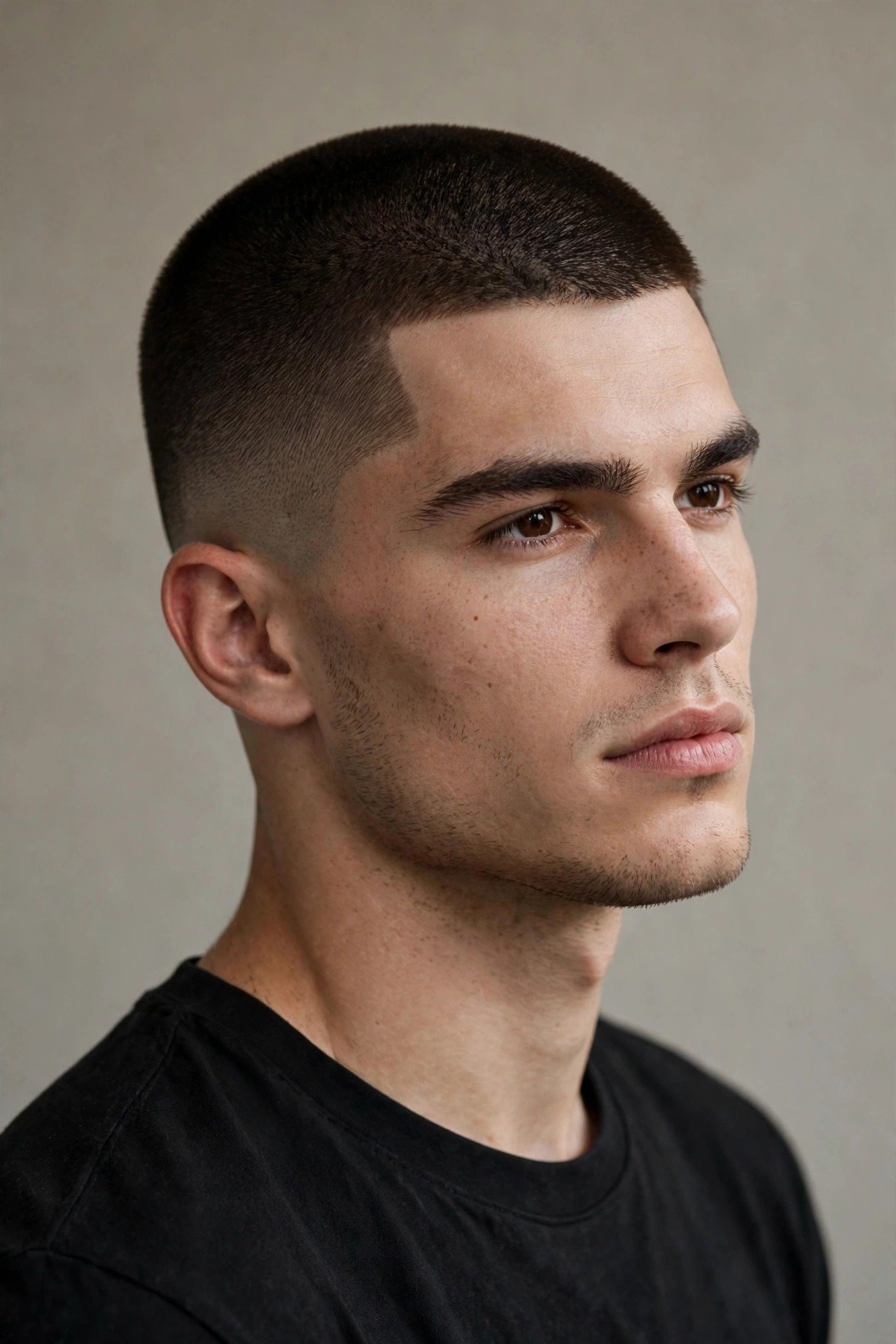 Thick buzz cut men, short even dense cut with clean sharp look