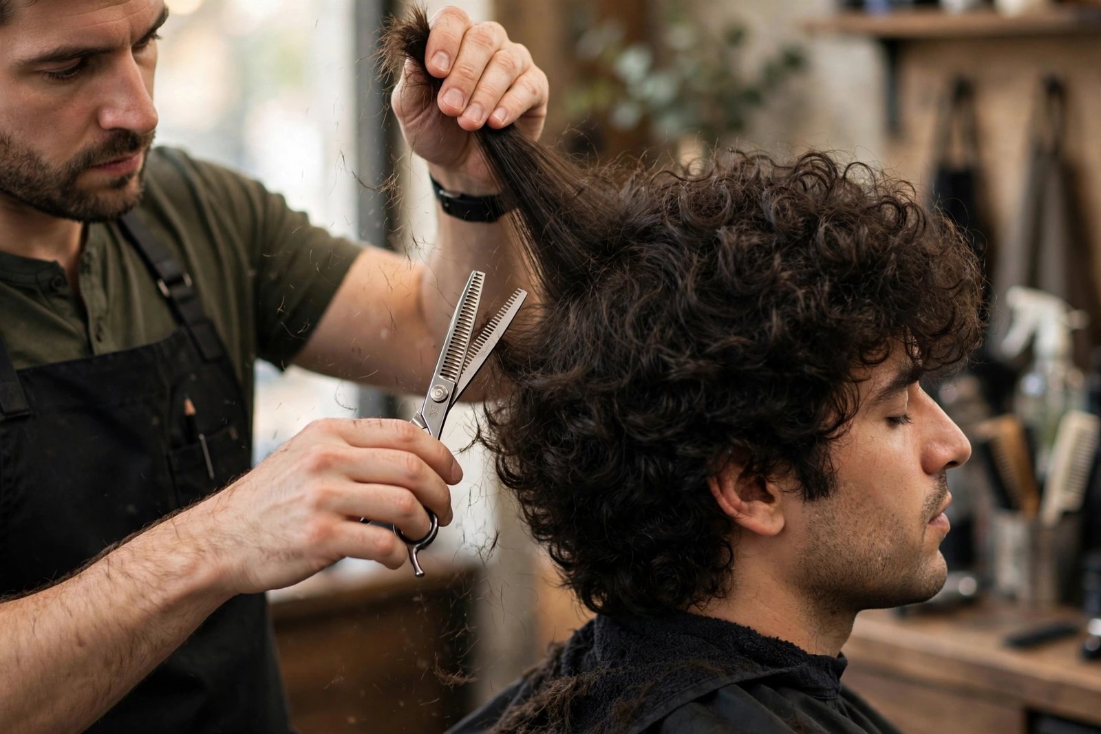 Barber thinning thick dense hair with texturizing shears, interior weight removal technique