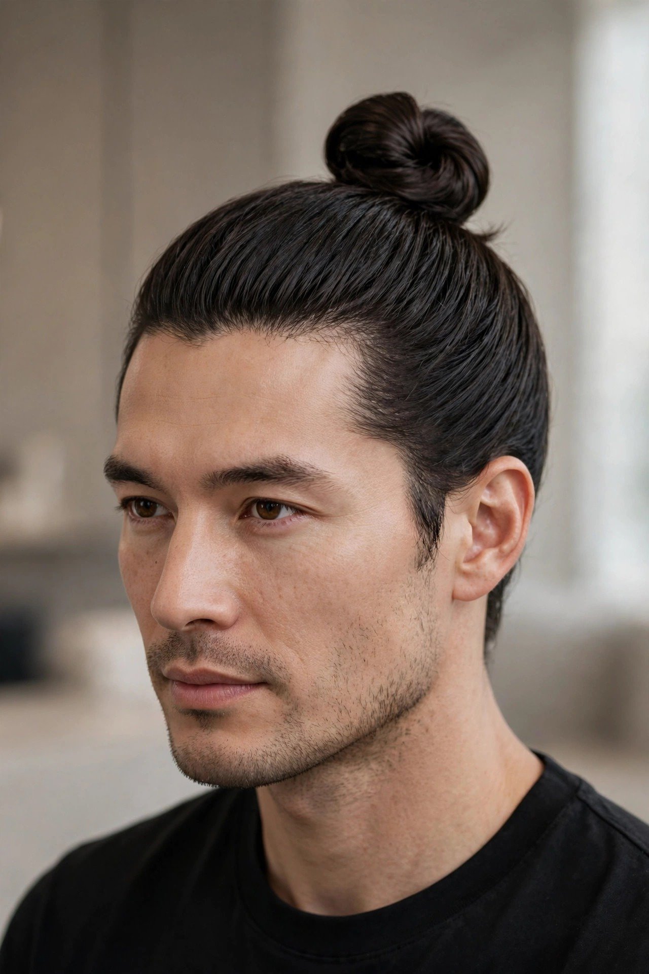 Classic top knot men hairstyle with hair tied in a neat knot at the crown