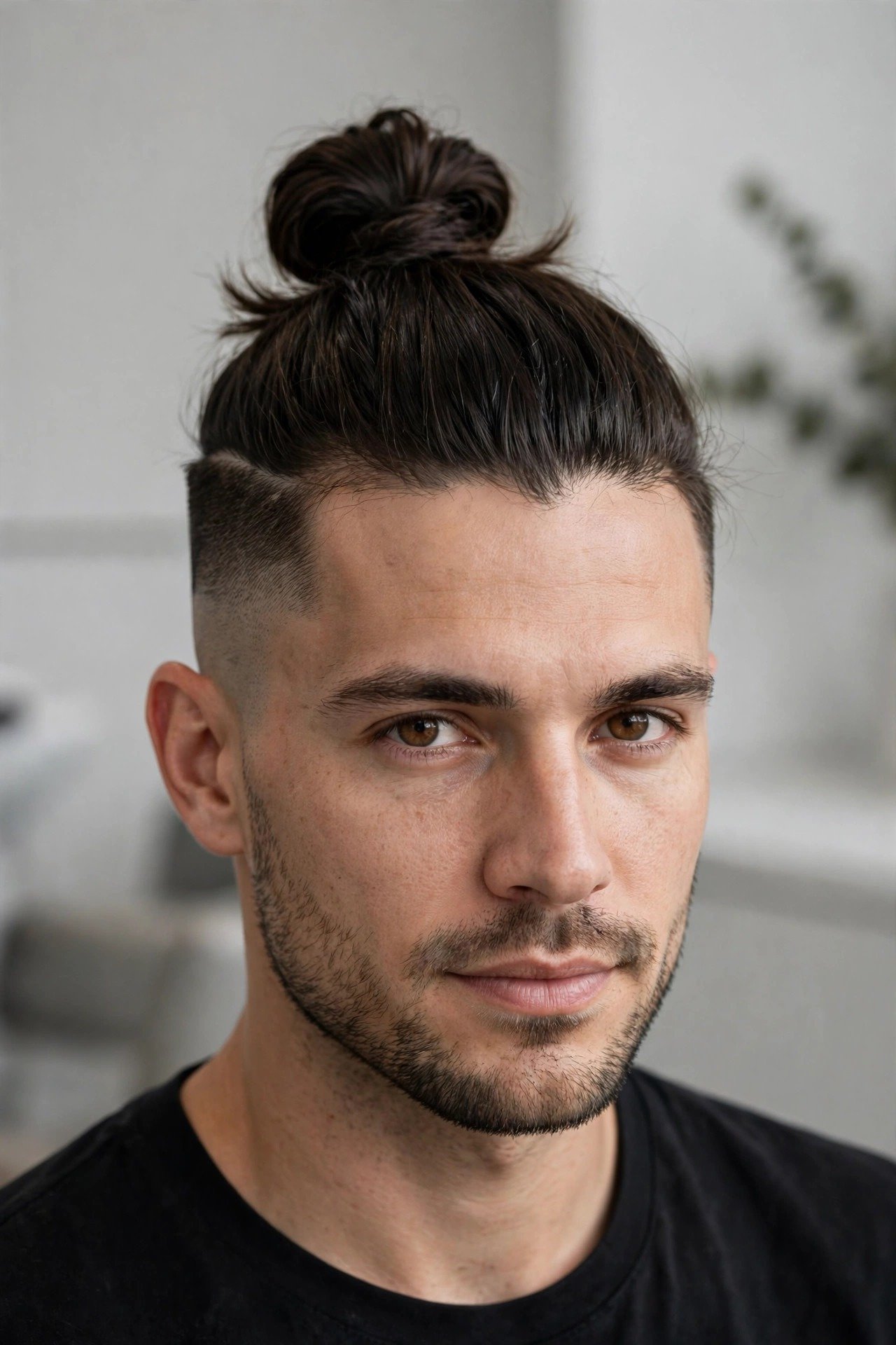 Top knot men style with disconnected undercut and long hair tied on top