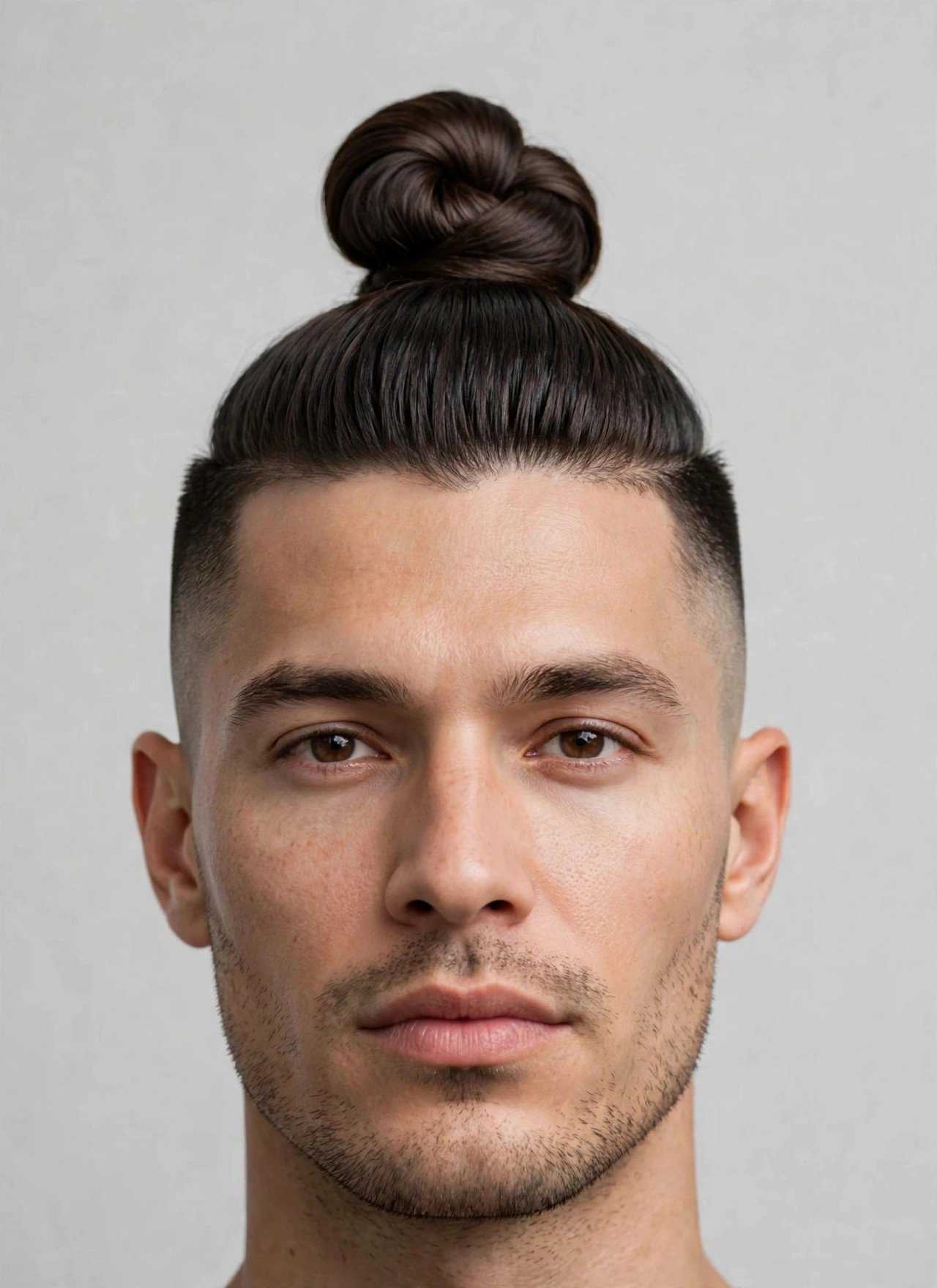 Top knot men haircut with a skin fade on the sides and textured knot on top