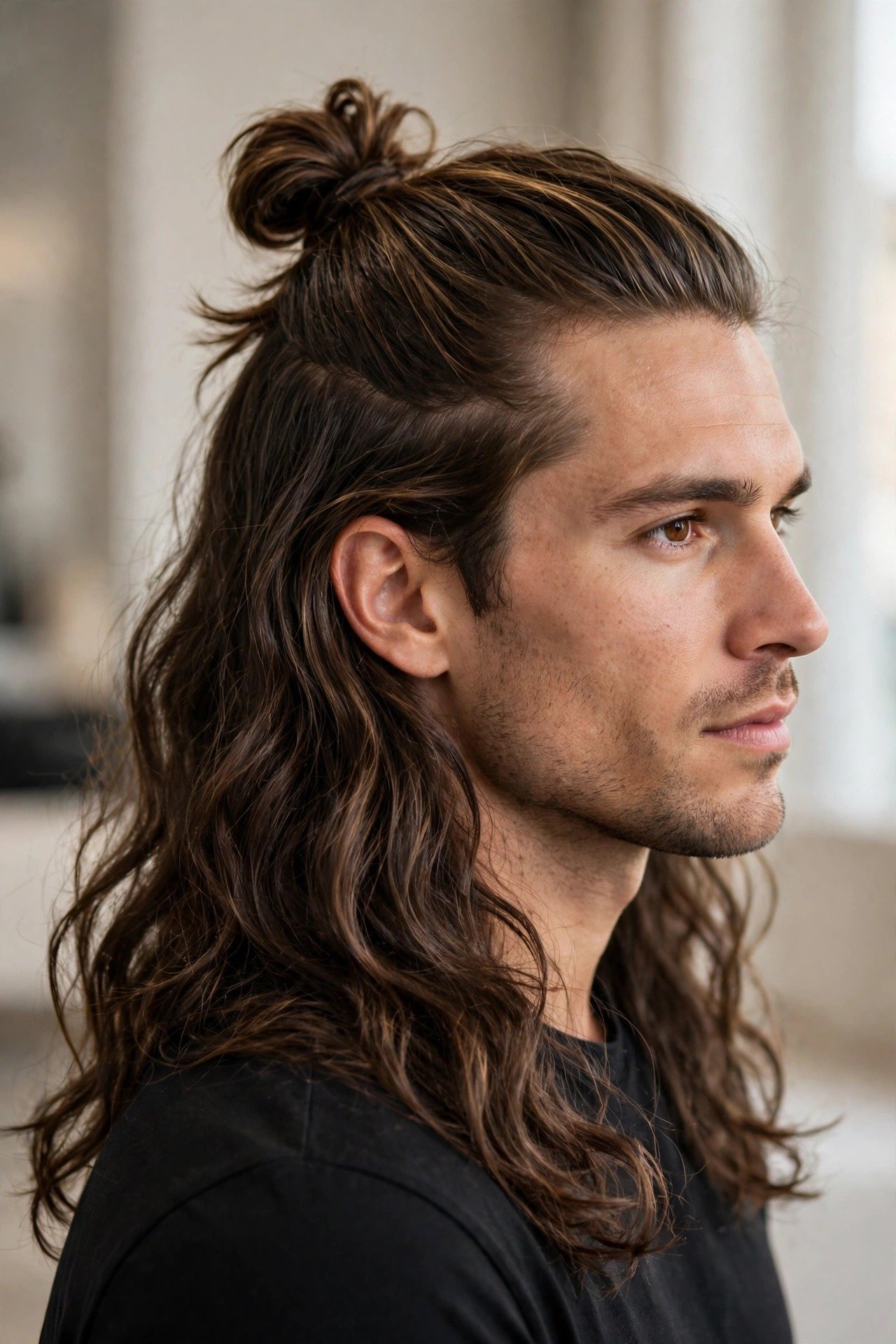Half-up top knot men hairstyle with the top section tied and the rest worn loose