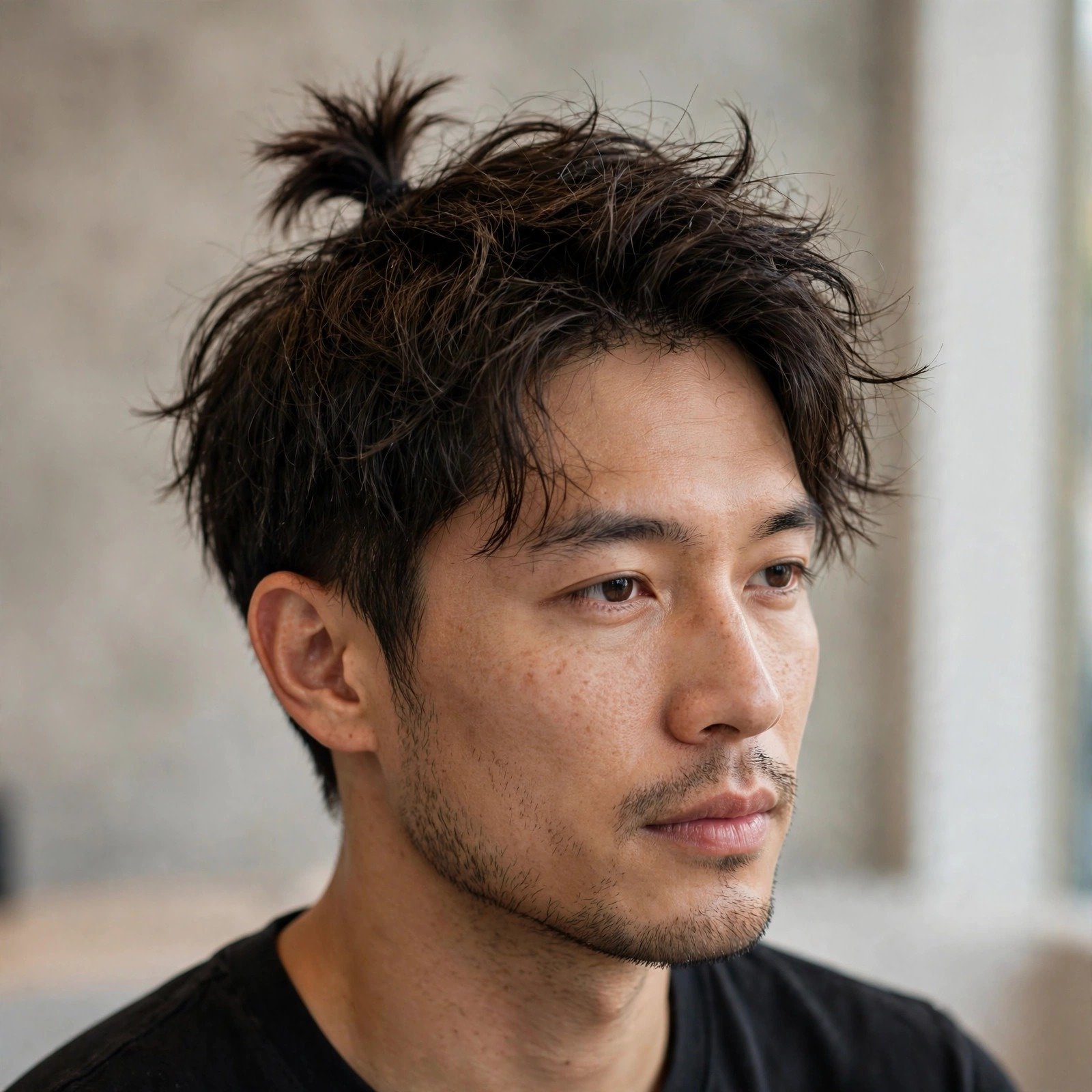 Small messy top knot men style with textured casual finish