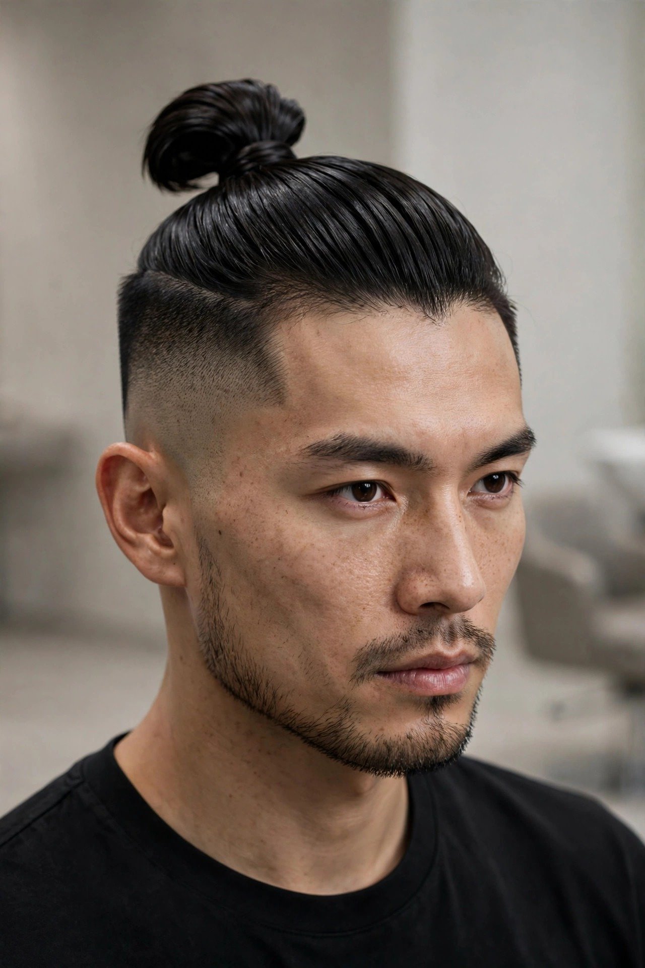 Samurai style top knot men with sleek high placement and shaved sides