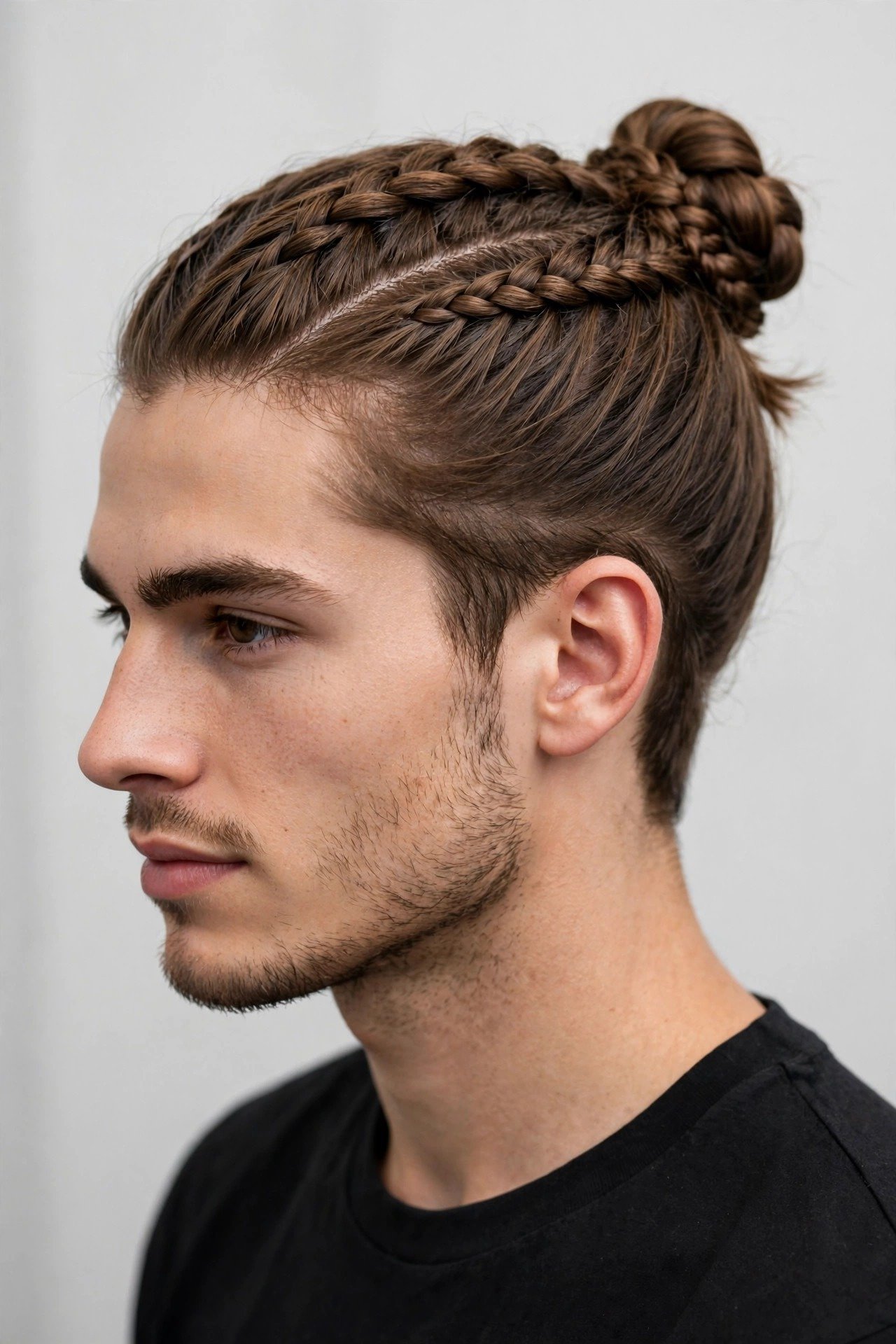 Braided top knot men hairstyle with a dutch braid leading into the knot