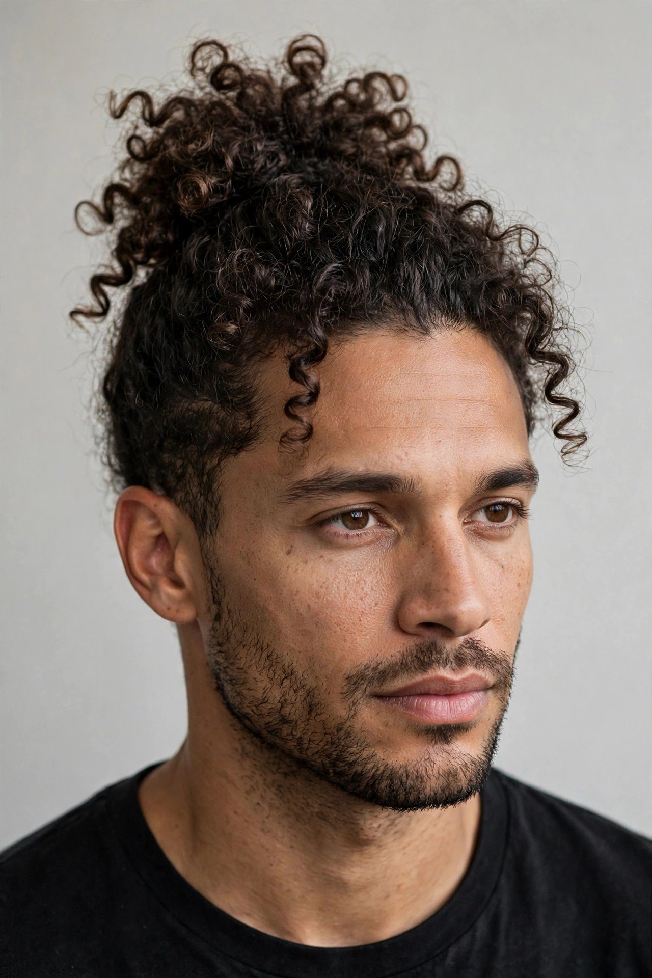 Curly top knot men style with natural texture and volume