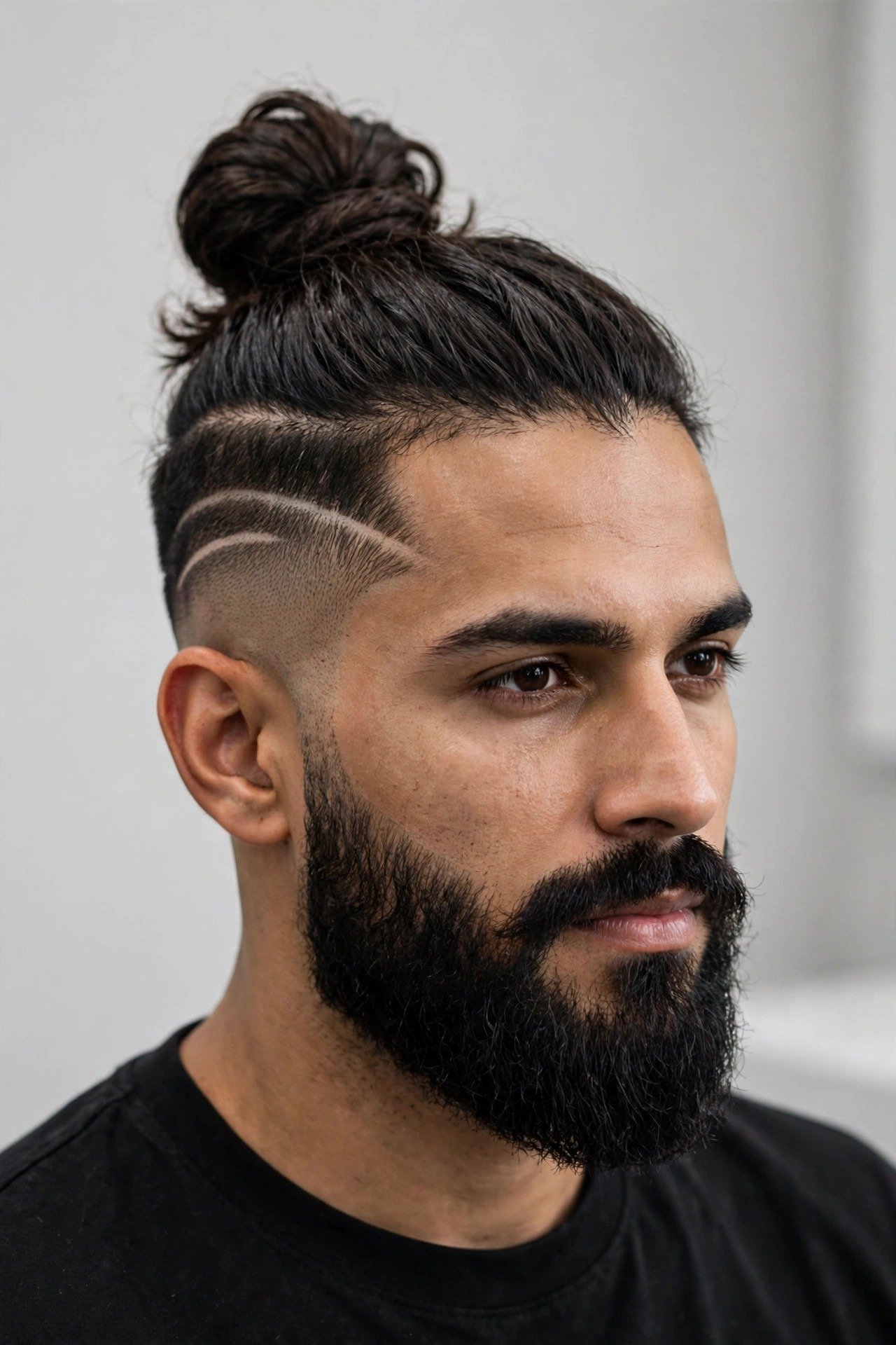 Top knot men with full beard and shaved design lines on faded sides