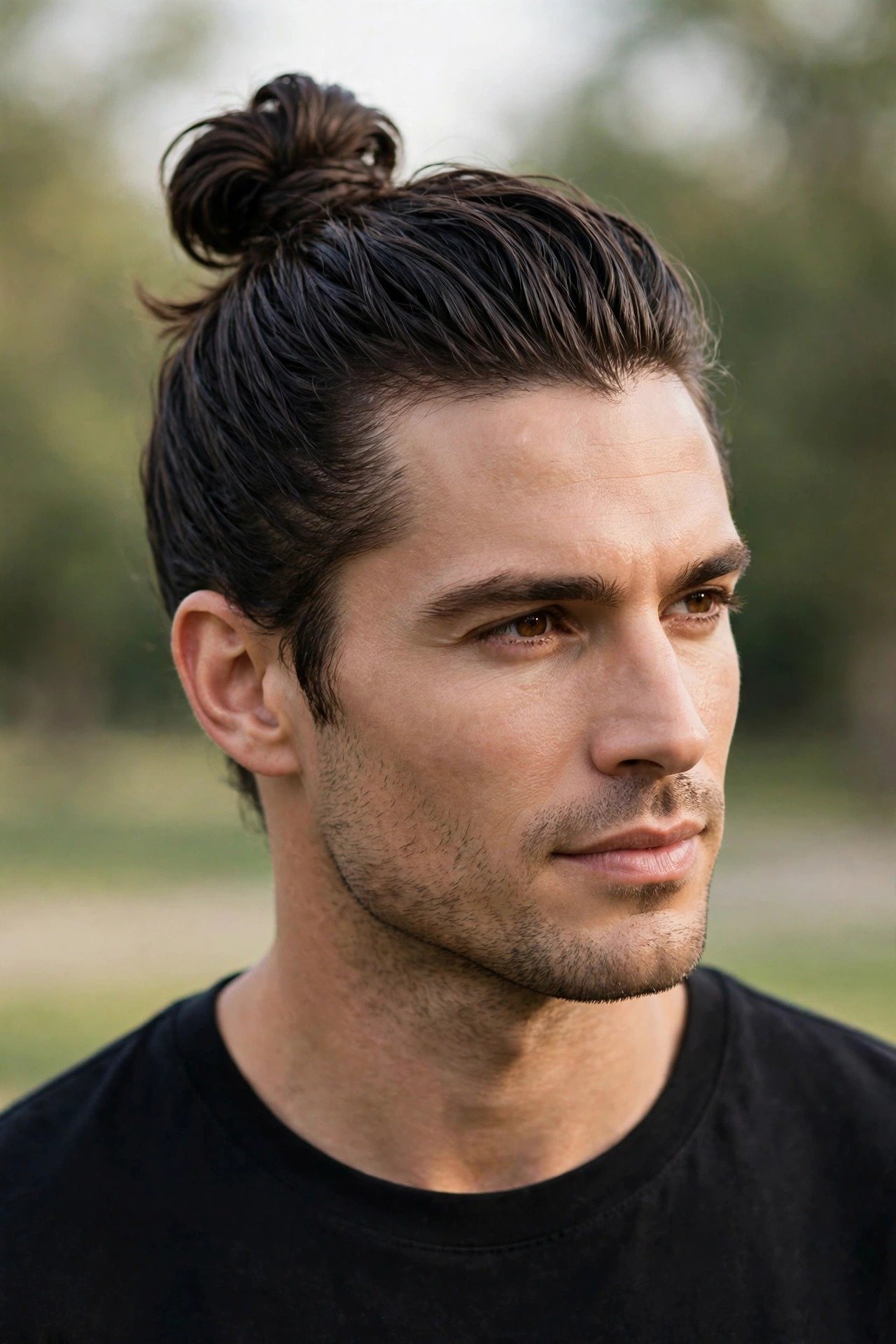 Confident man with a well-styled top knot men hairstyle outdoors