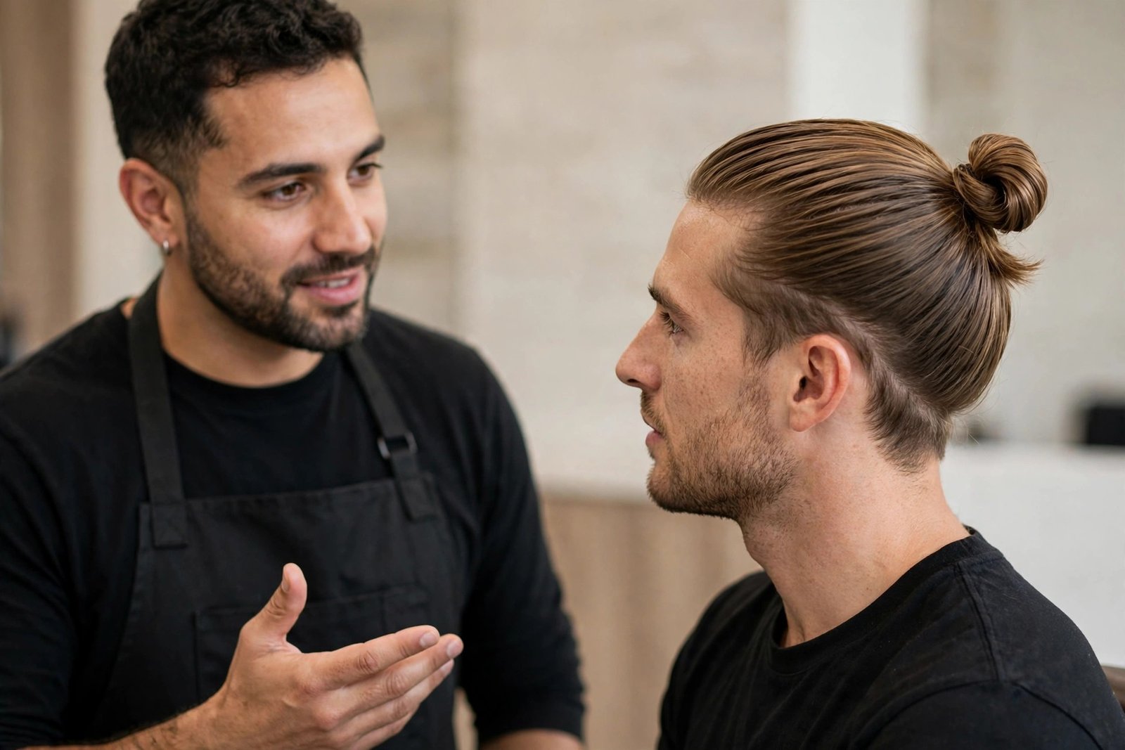 Barber answering questions about top knot men hairstyles and maintenance