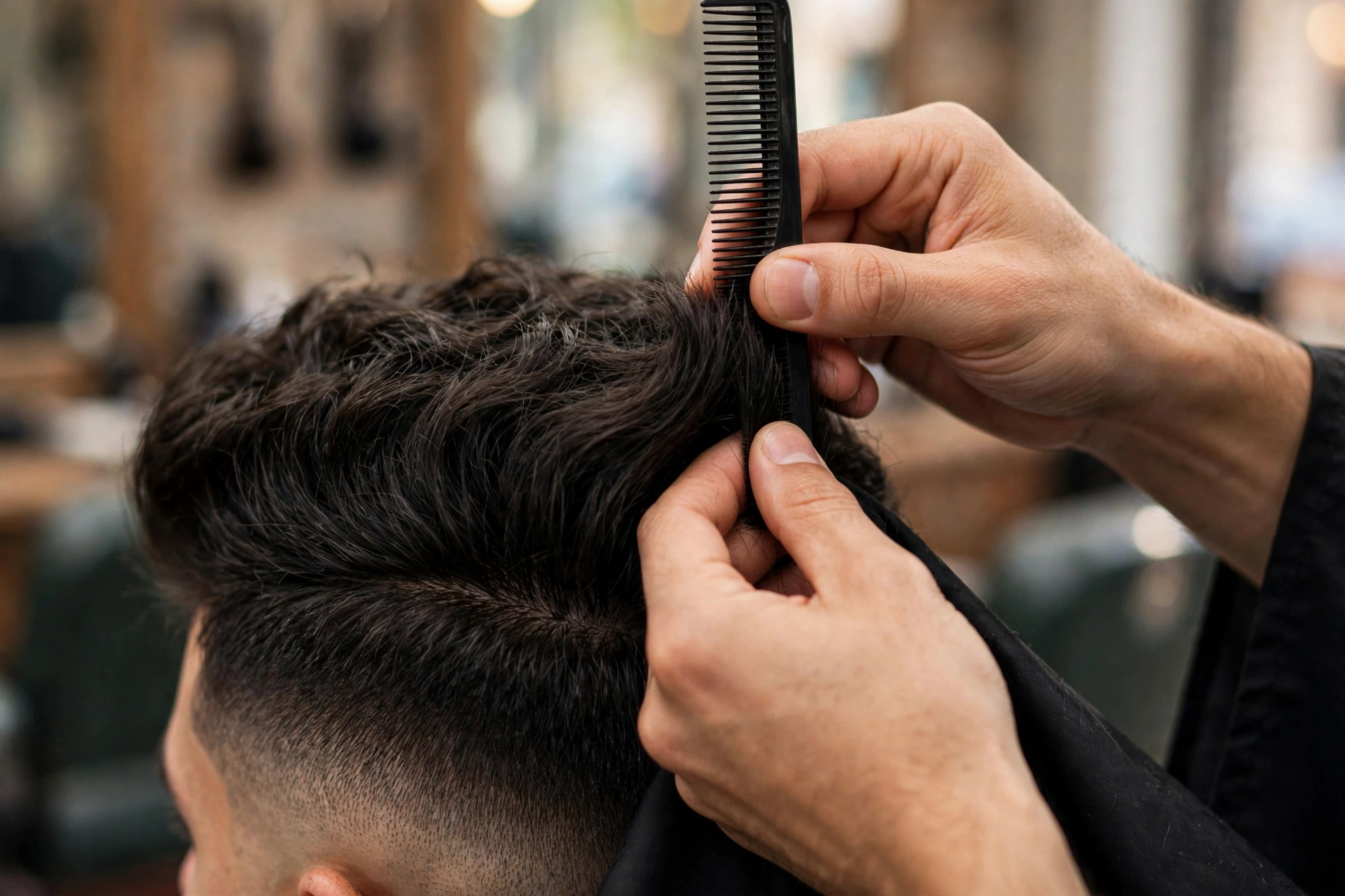 barber's hands measuring the long top length of a two block haircut with a comb