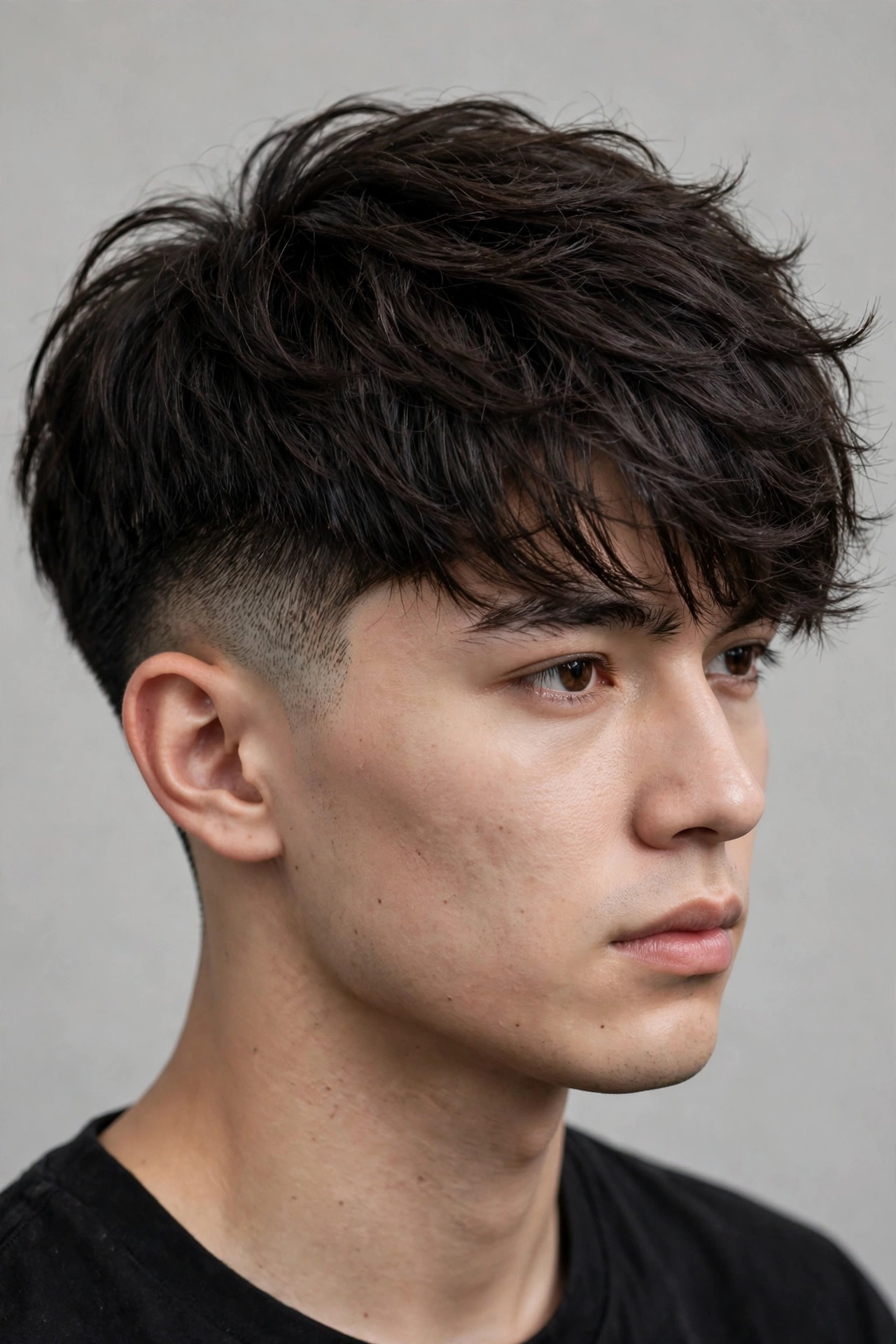 young man with thick hair in a thinned two block haircut, layered long top, faded sides