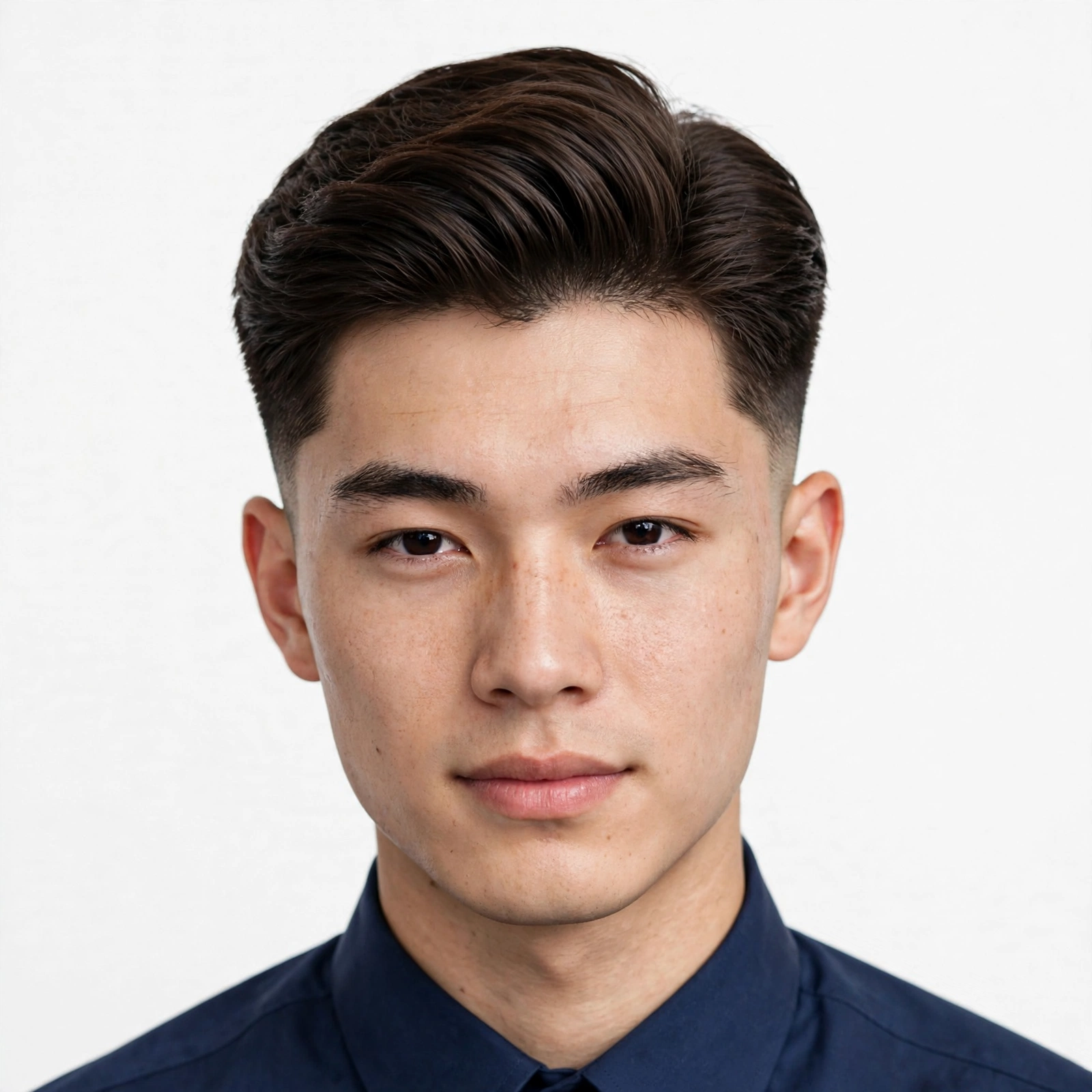 young man in a smart shirt with polished neat two block haircut, professional lighting
