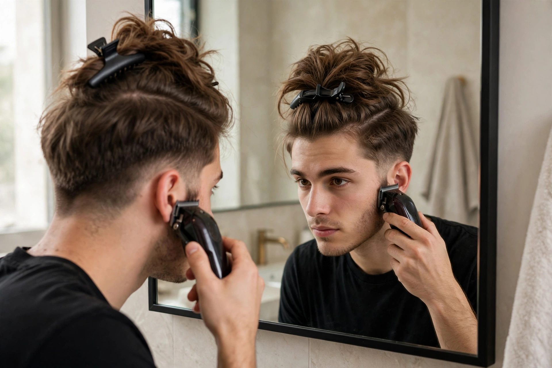young man trimming his own sideburn area with clippers, long top pinned up