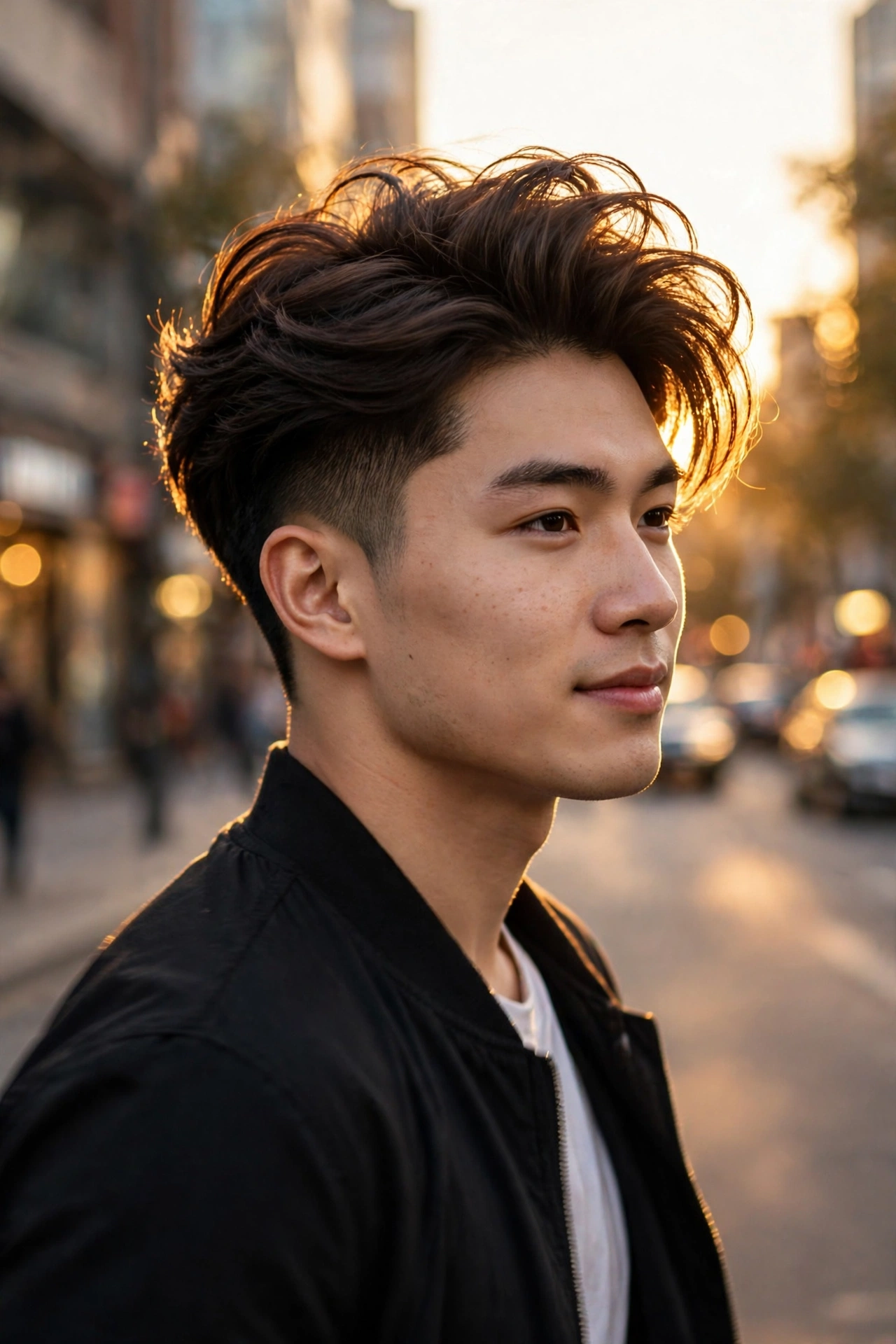 confident young man with perfectly styled two block haircut walking outdoors in golden light