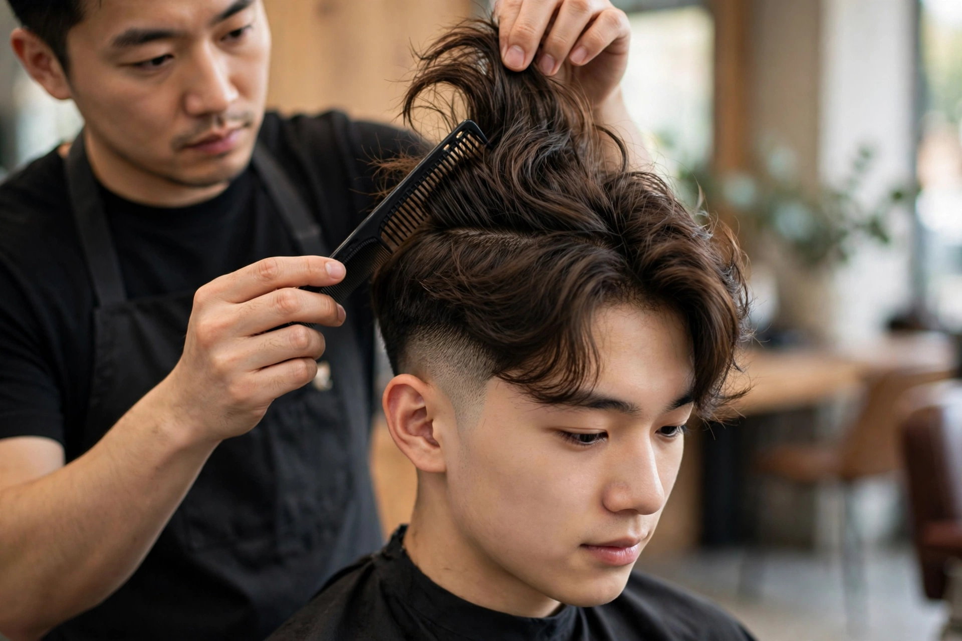 barber sectioning a young man's long top hair with a comb, faded sides showing two block shape