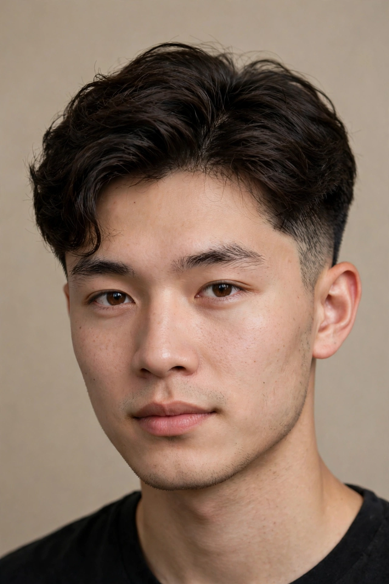 young man with the classic two block haircut, neat longer top, short tapered sides