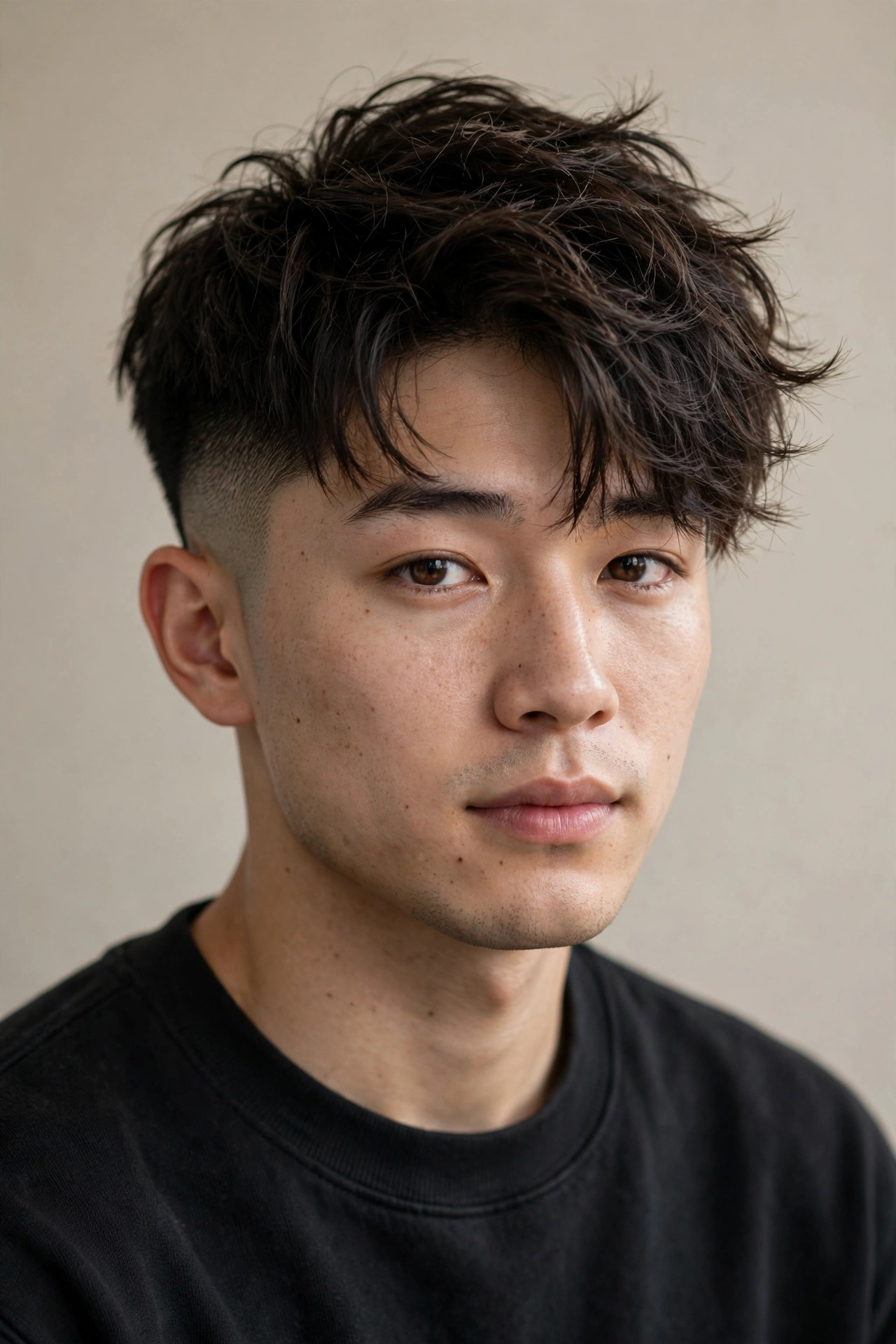 young man with two block haircut and low fade around the ears, long textured top