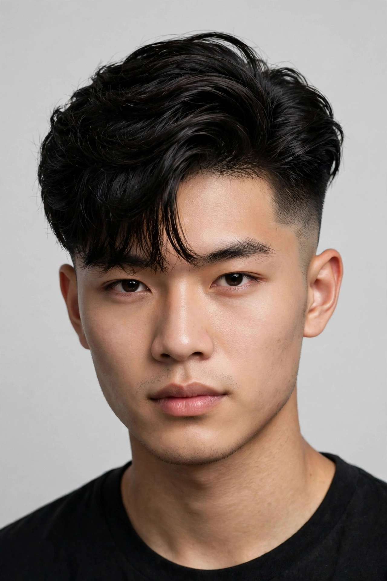 young man with two block haircut and mid fade, voluminous longer top styled forward