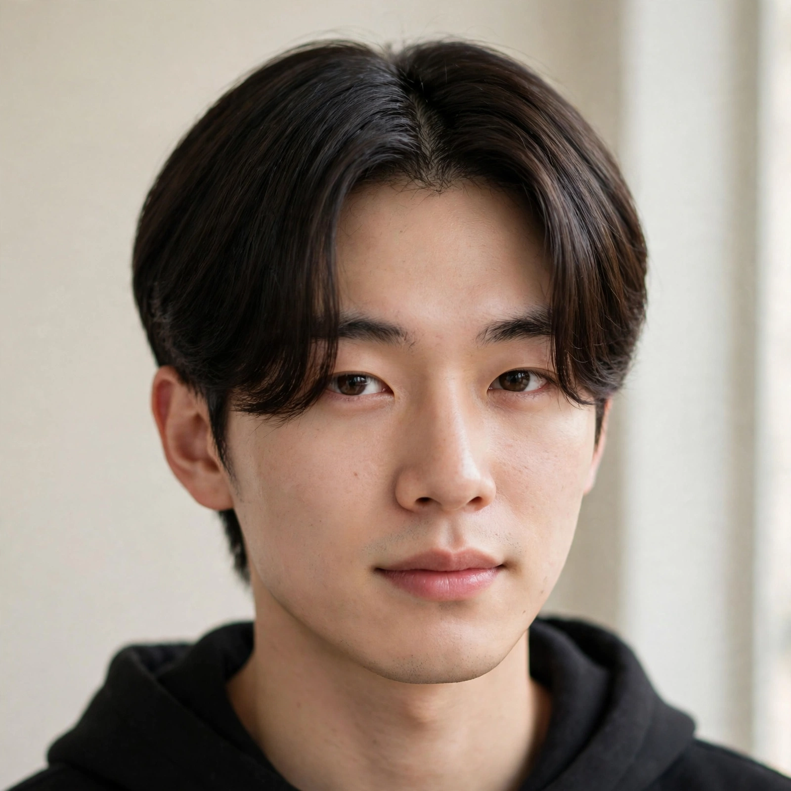 young Korean man with two block middle part, long top split into curtains, short hidden sides