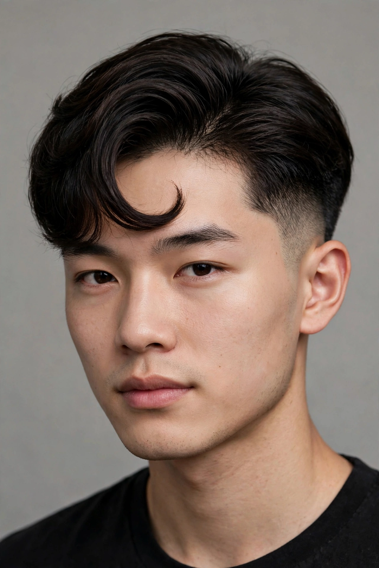 young man with two block comma hair, curved comma-shaped fringe sweeping over forehead