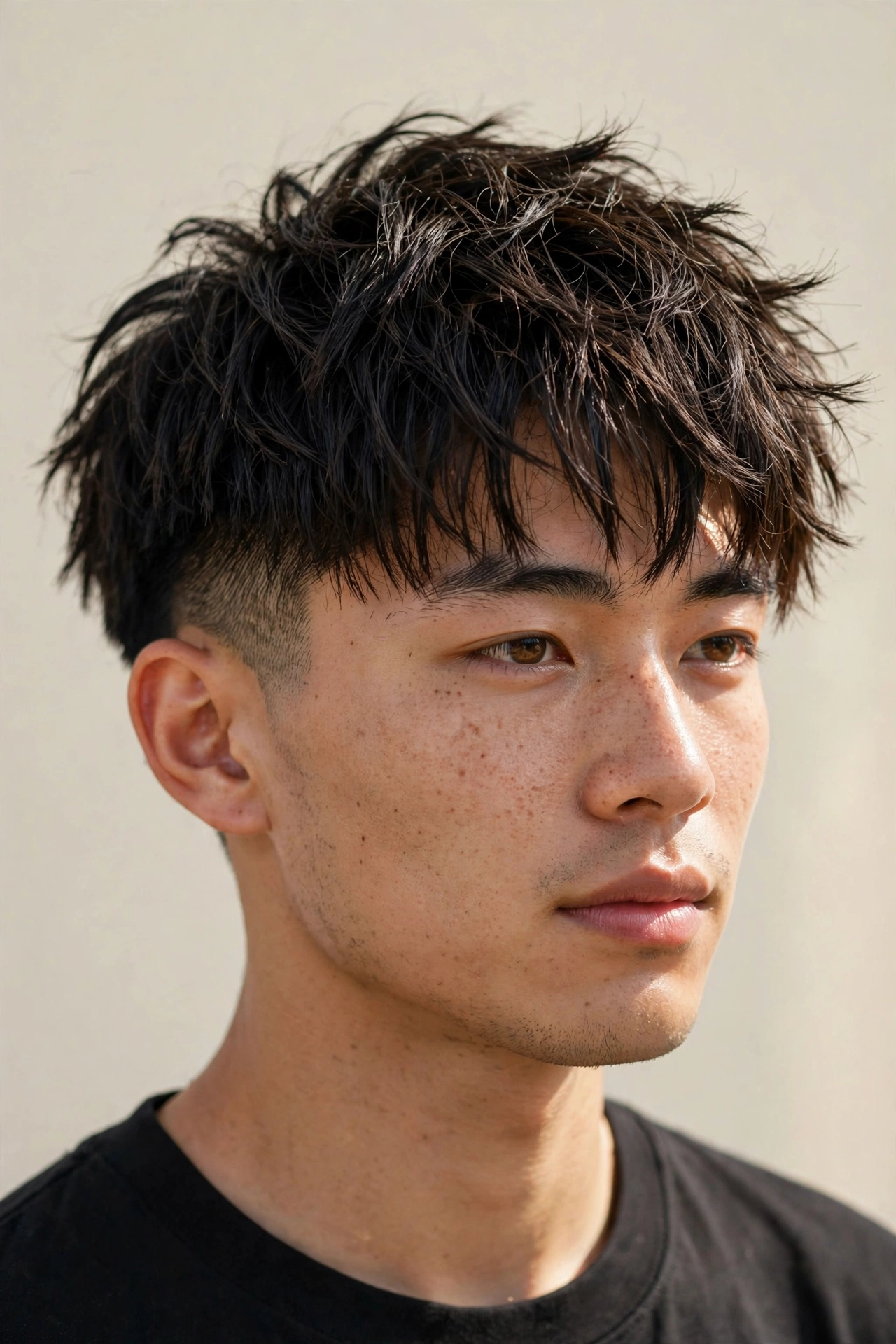 young man with textured two block haircut, choppy layered top with piecey separation
