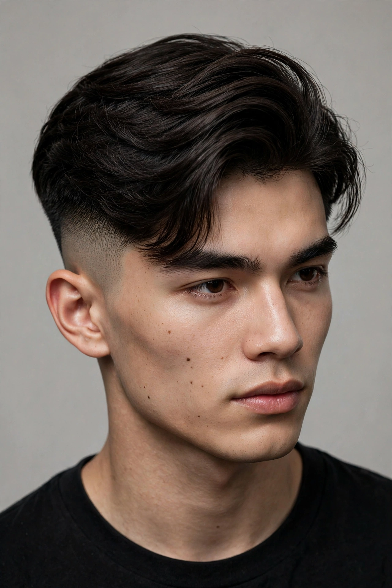 young man with bold two block undercut, long top disconnected from tight buzzed sides