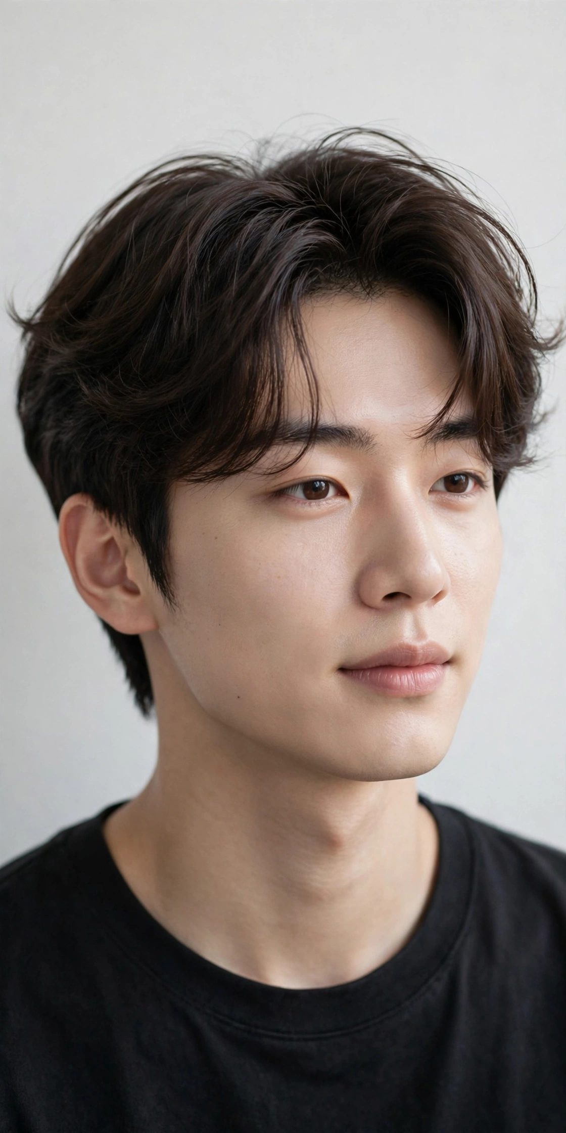 young Korean man with soft Korean two block, gentle flowing top, softly blended sides