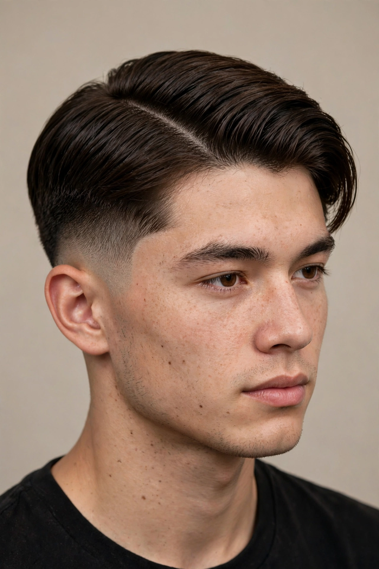 young man with two block side part, long top combed to one side, faded sides