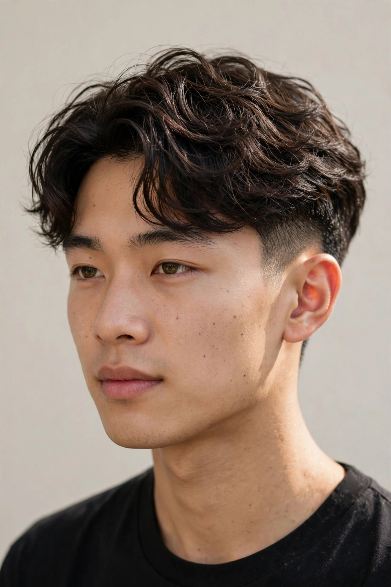 young man with wavy two block haircut, natural loose waves through the longer top, short sides