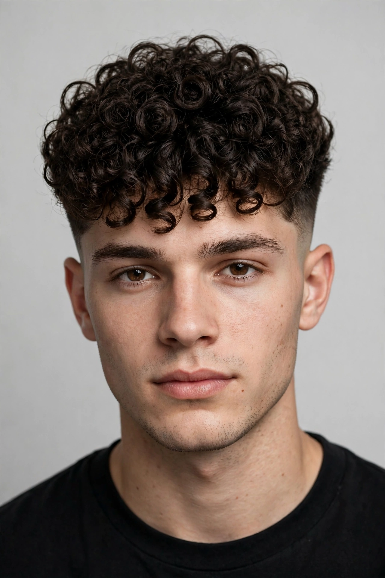 young man with curly two block haircut, defined curls on the long top, faded sides