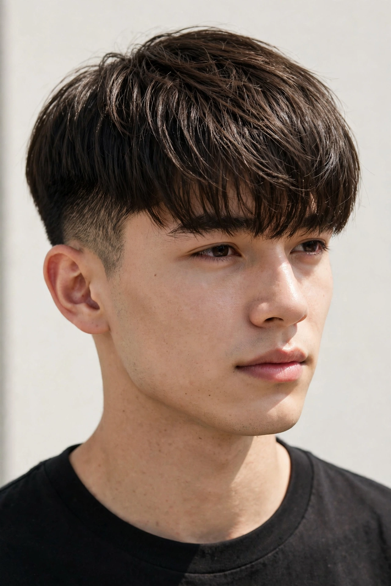 young man with two block forward fringe, long top brushed forward, short sides