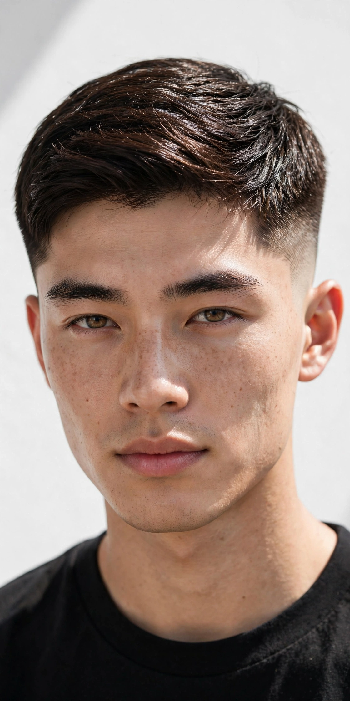 young man with short two block haircut, cropped neat top, tight sides