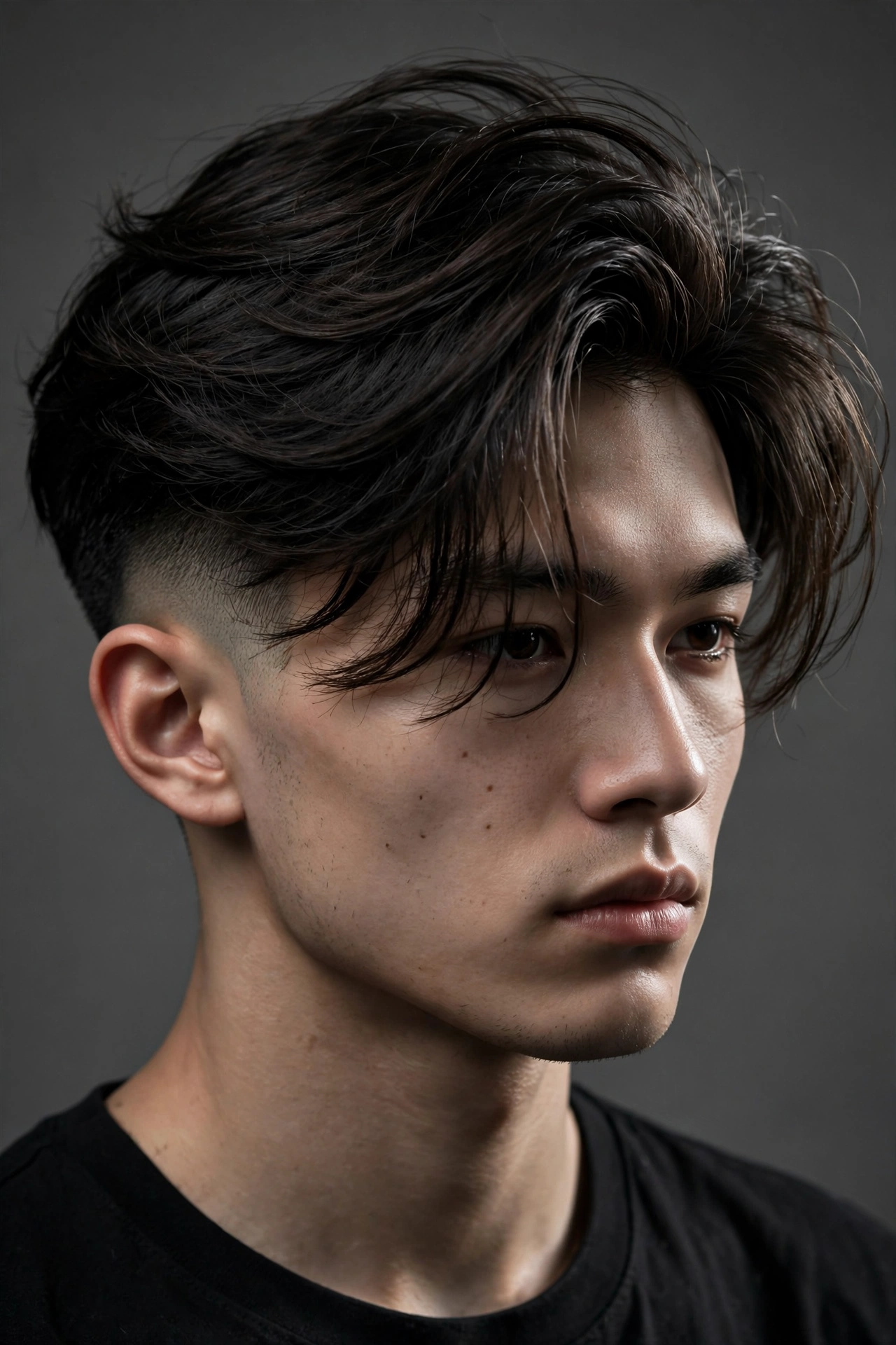young man with long-top two block, extended flowing top, short faded sides