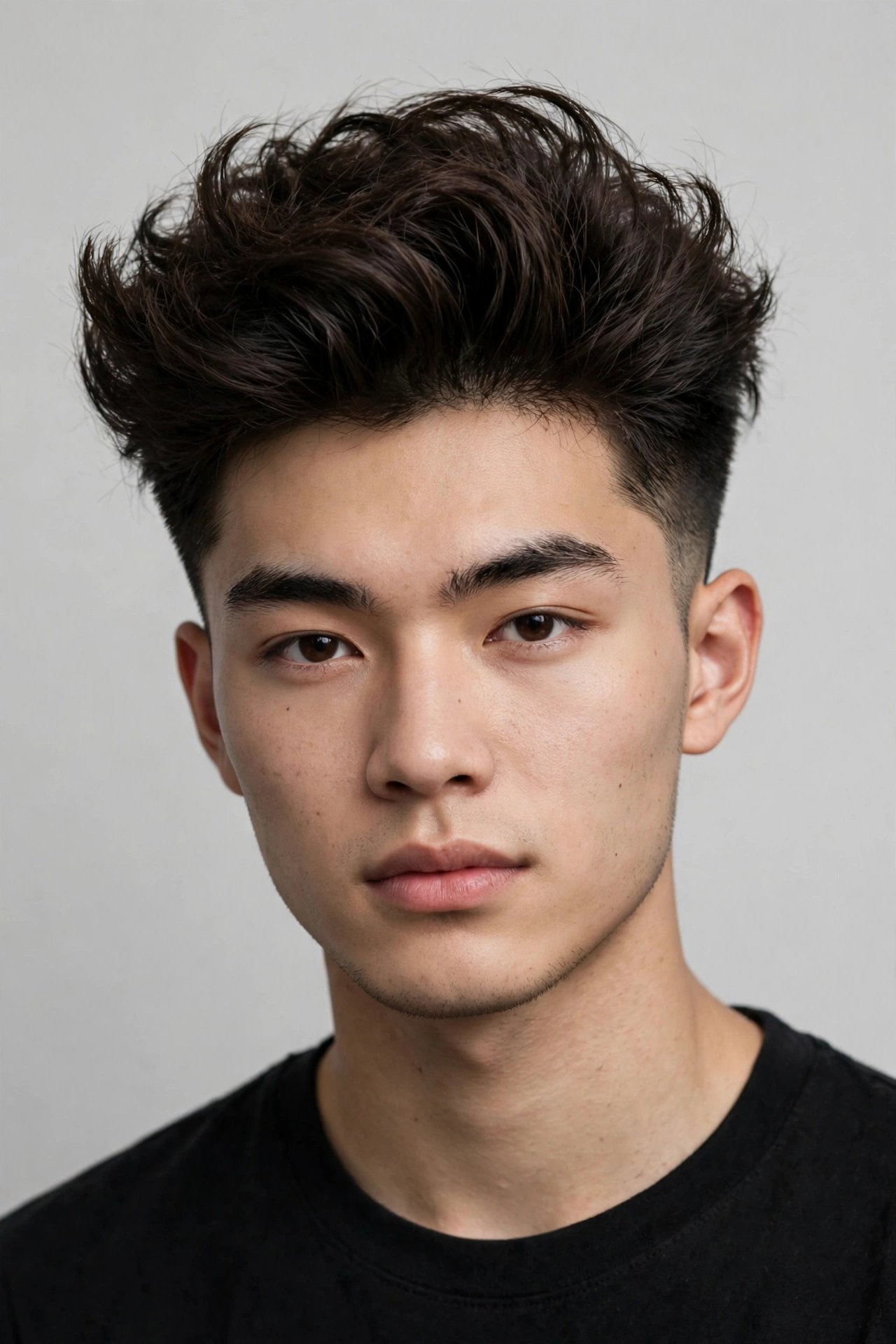 young man with two block volume top, big lifted blow-dried top, clean faded sides