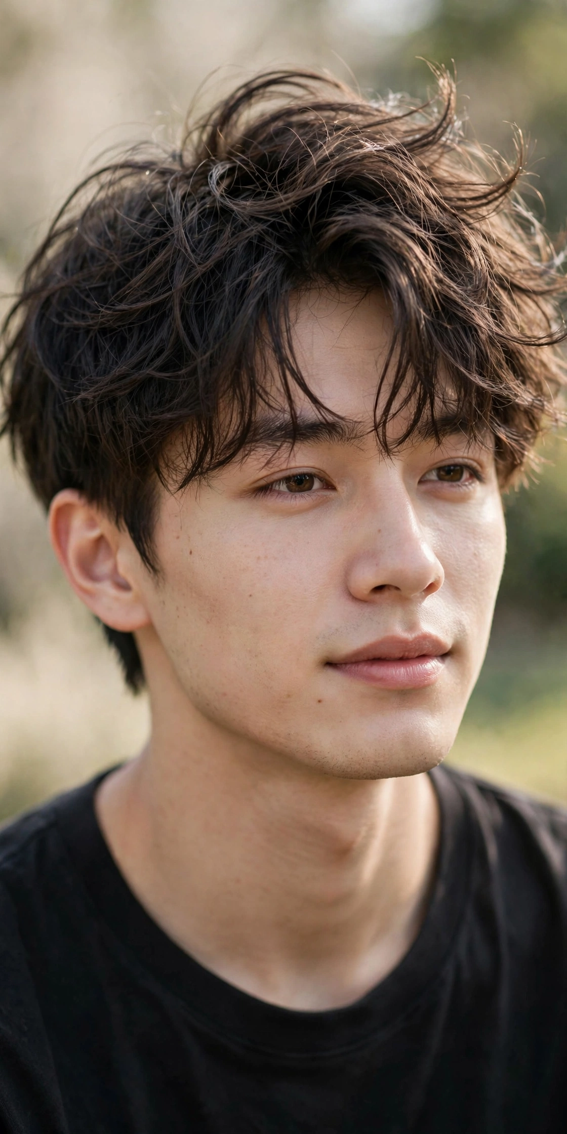 young man with messy two block, tousled carefree top, short sides, outdoor soft light