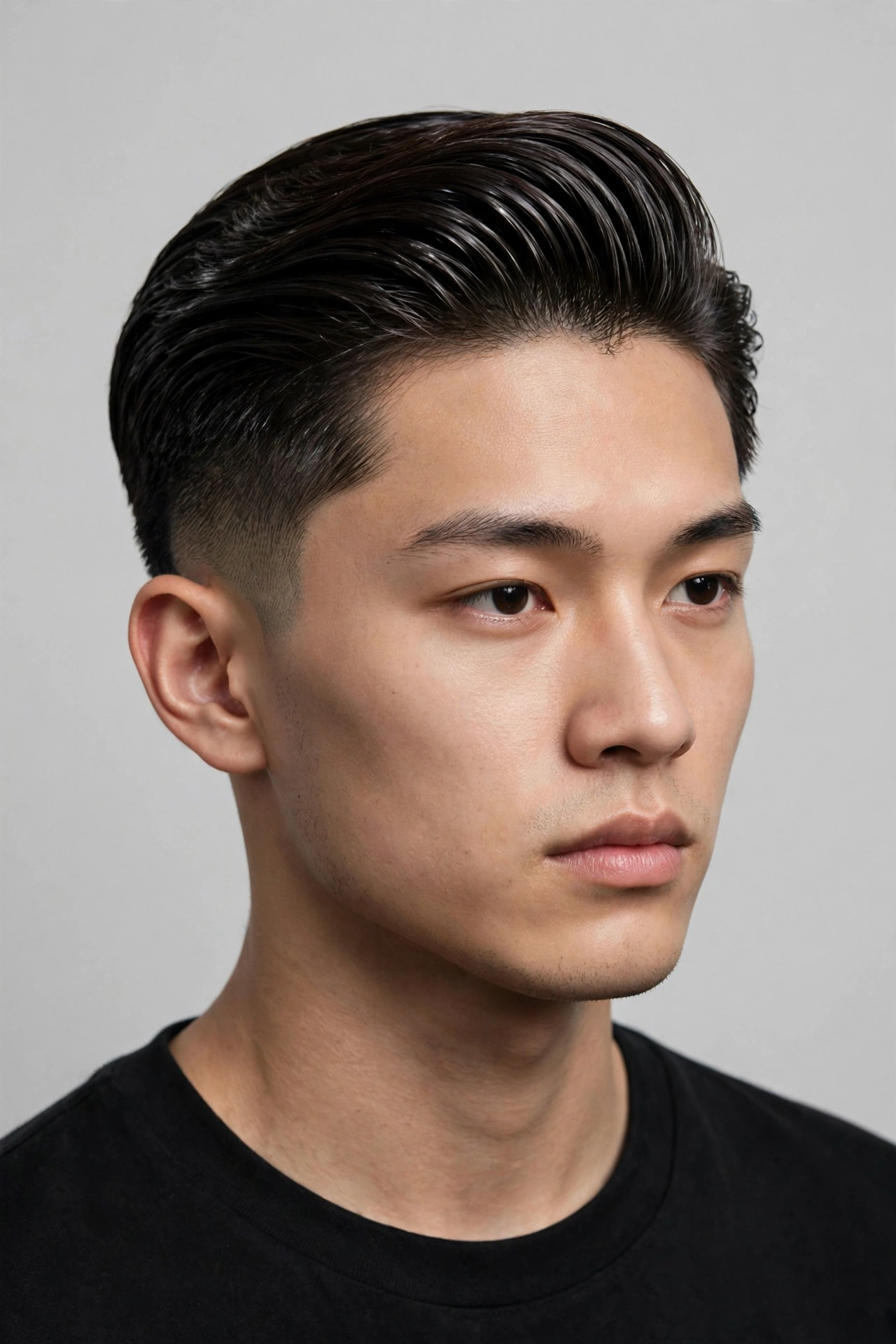 young man with sleek pushed-back two block, long top smoothly swept back, faded sides