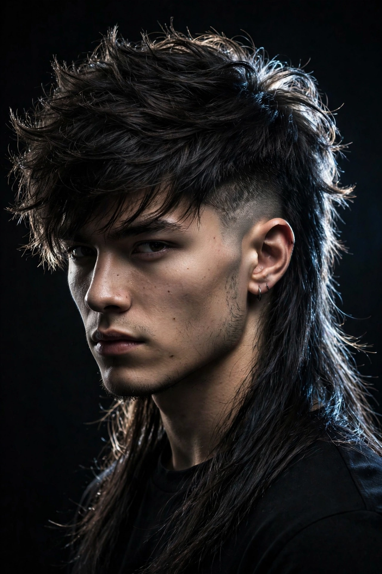 young man with two block mullet, long top with extended length down the back, short faded sides
