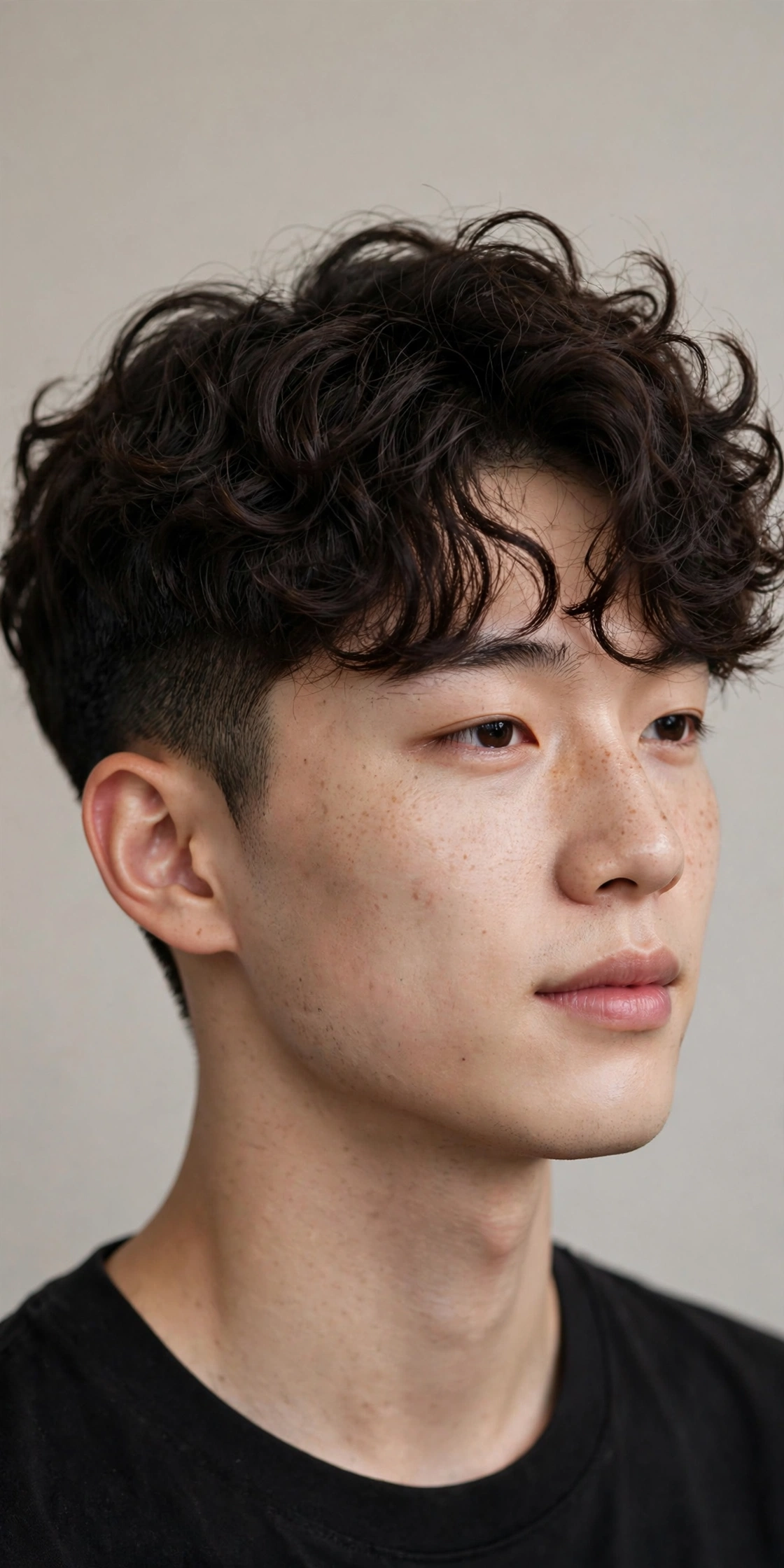 young man with permed two block, soft Korean perm curls on the long top, short sides