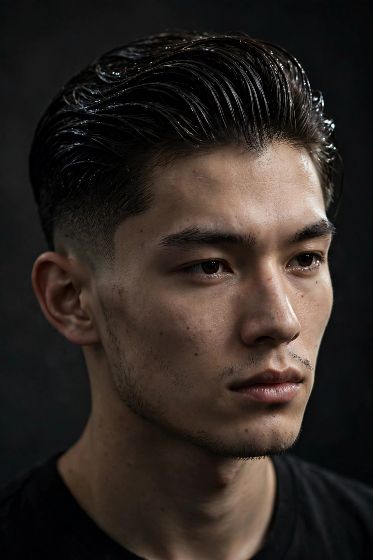 young man with wet-look two block, long top with sleek damp finish combed back, faded sides