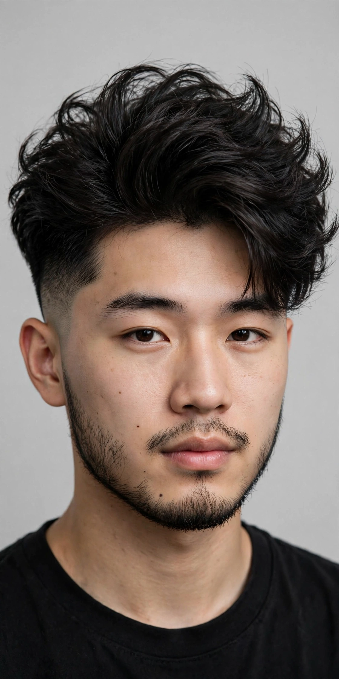 young man with two block haircut and neat short beard, long voluminous top, faded sides blending into beard