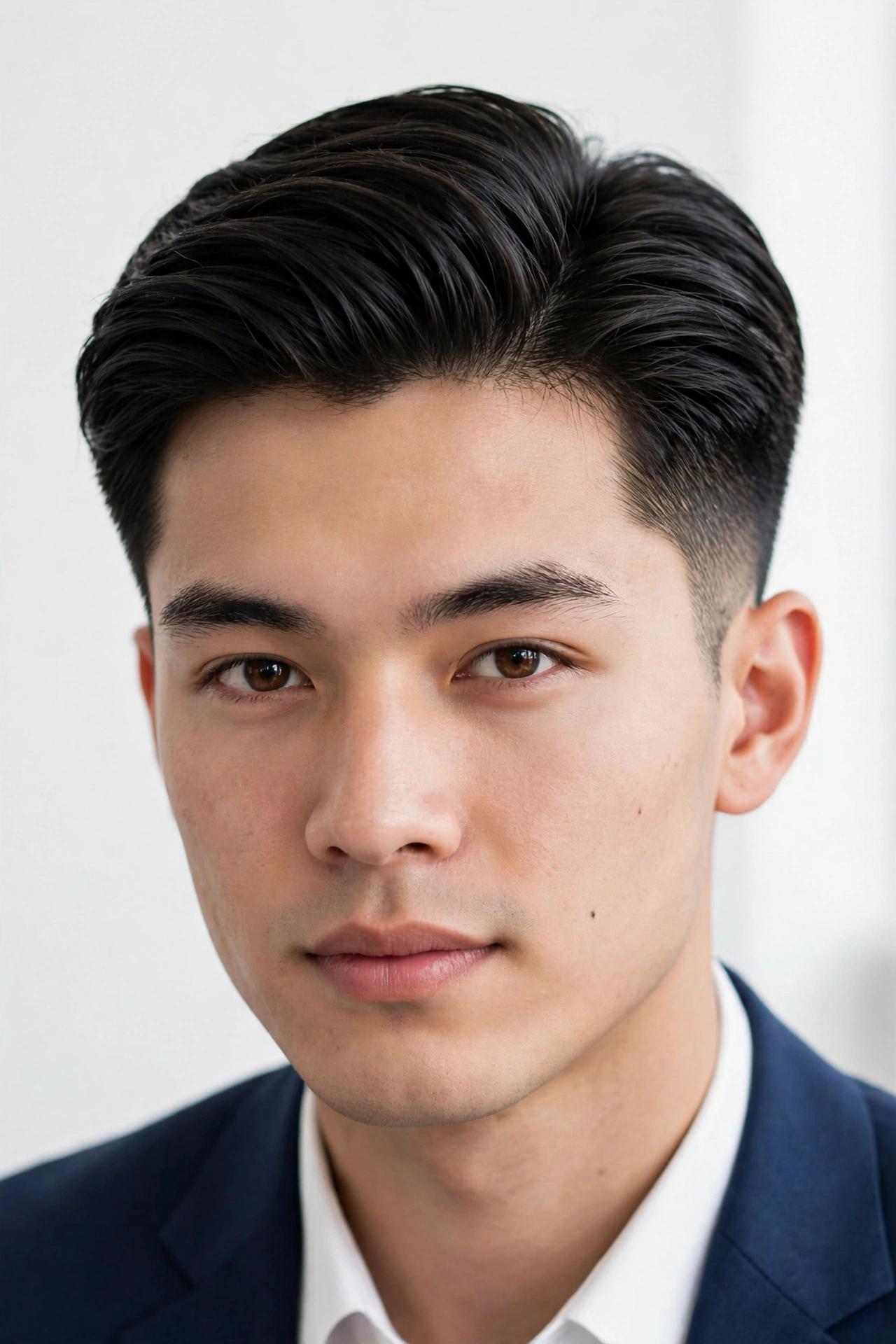 young man in a smart shirt with polished neat two block haircut, tidy top and clean sides