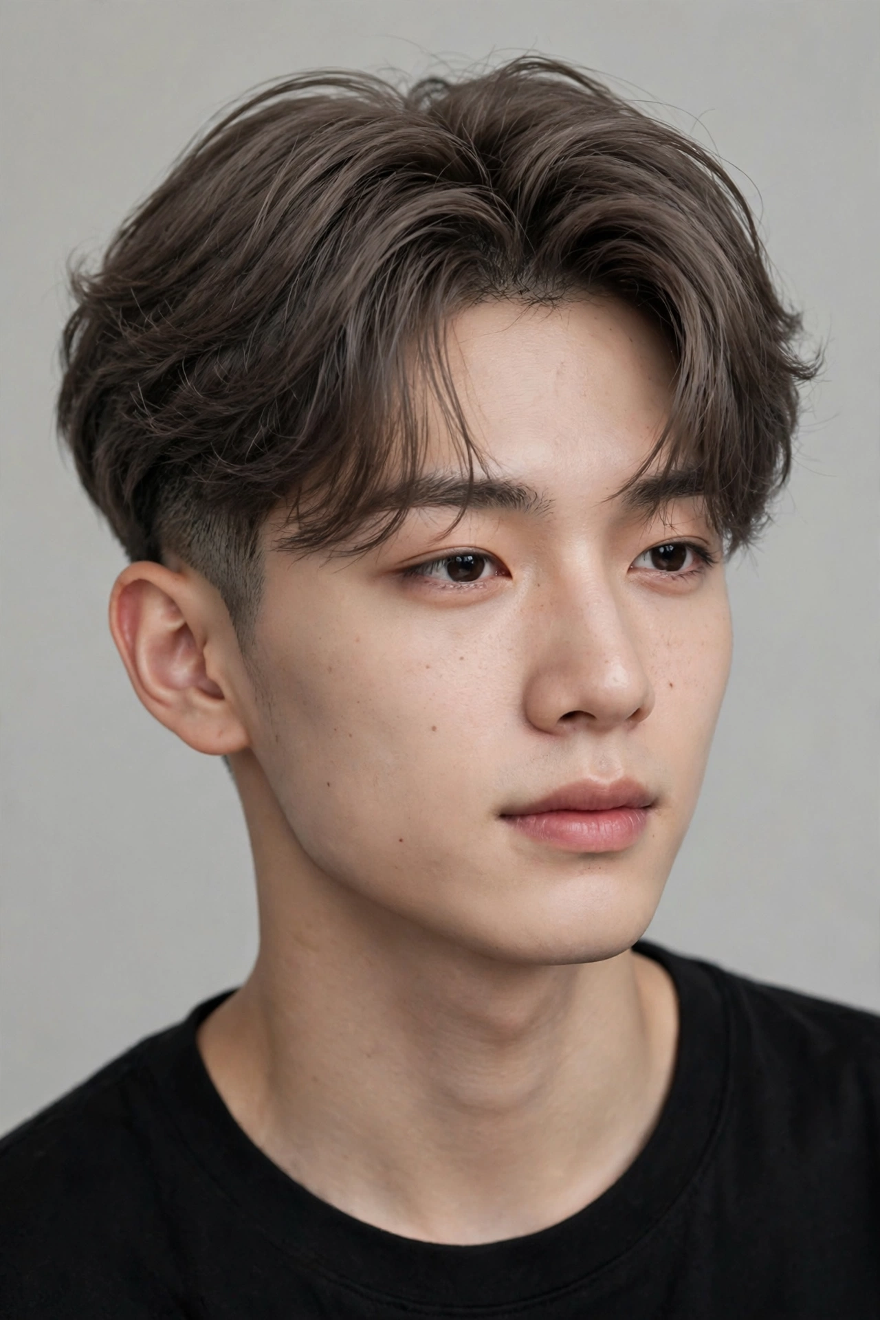 young man with K-pop idol colored two block, long top with rich ash-brown color, faded sides
