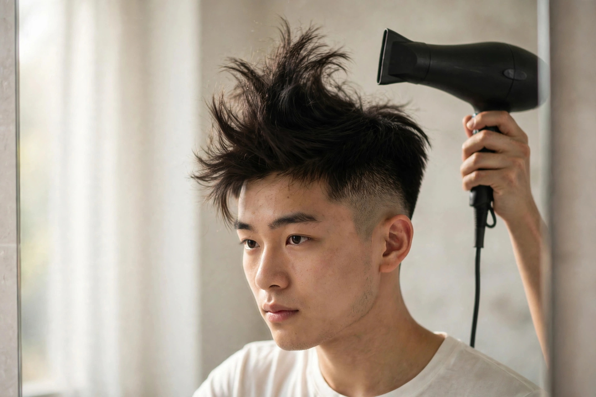 young man blow-drying the top of his two block haircut in a bathroom mirror, morning light