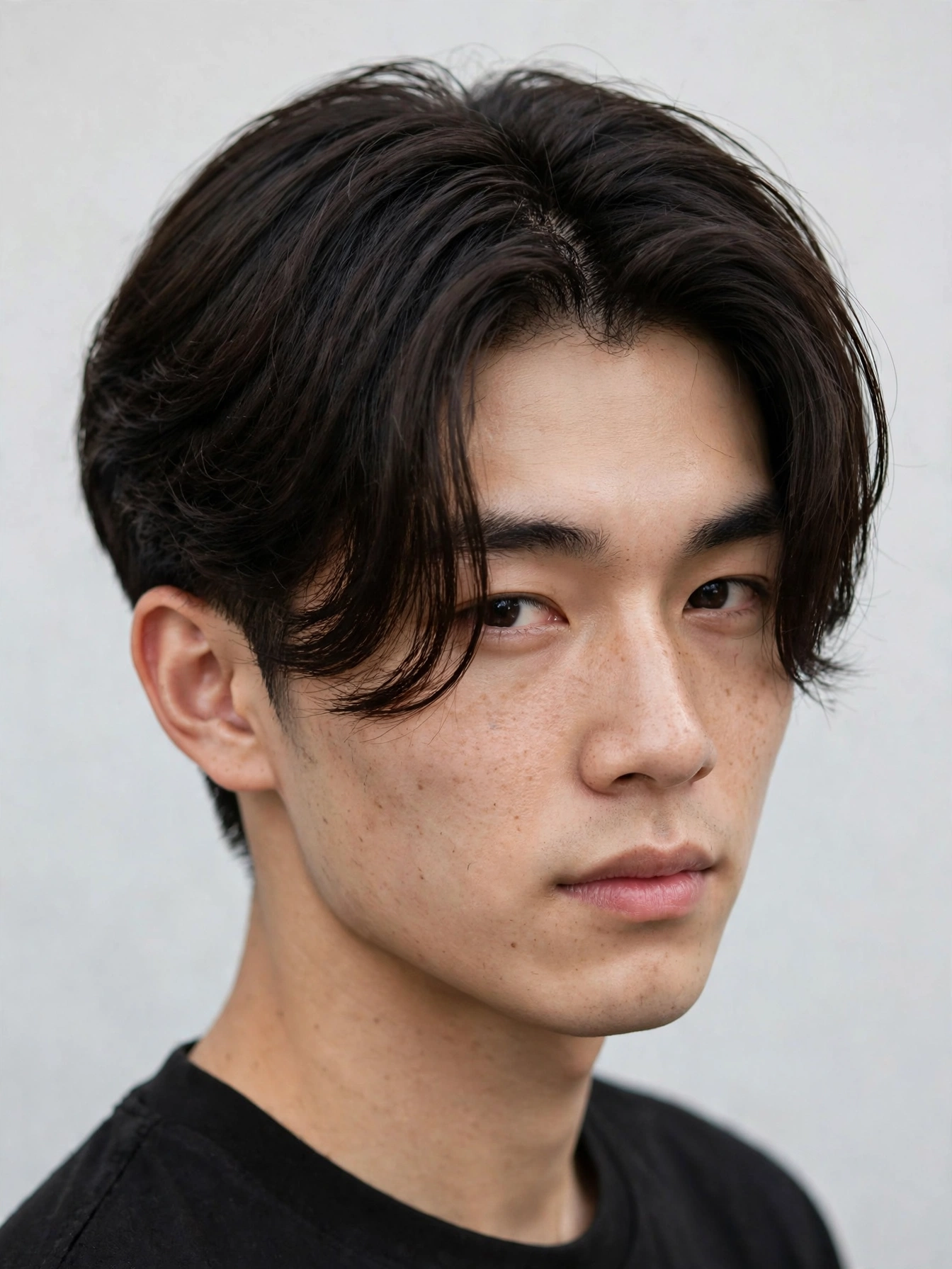 three-quarter portrait of a young man with a well-shaped two block haircut framing his face