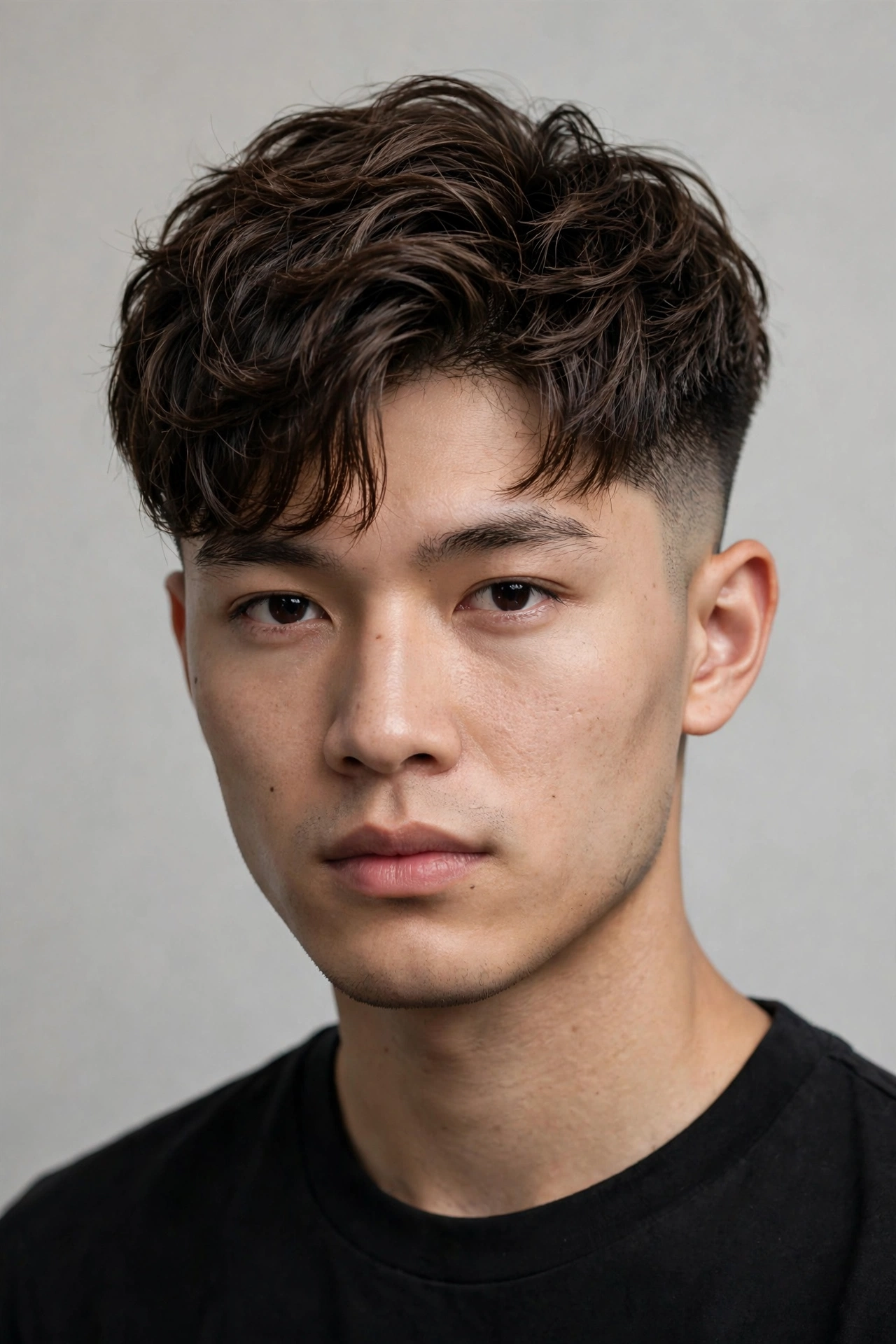 young man with neat two block haircut in soft studio light, long textured top